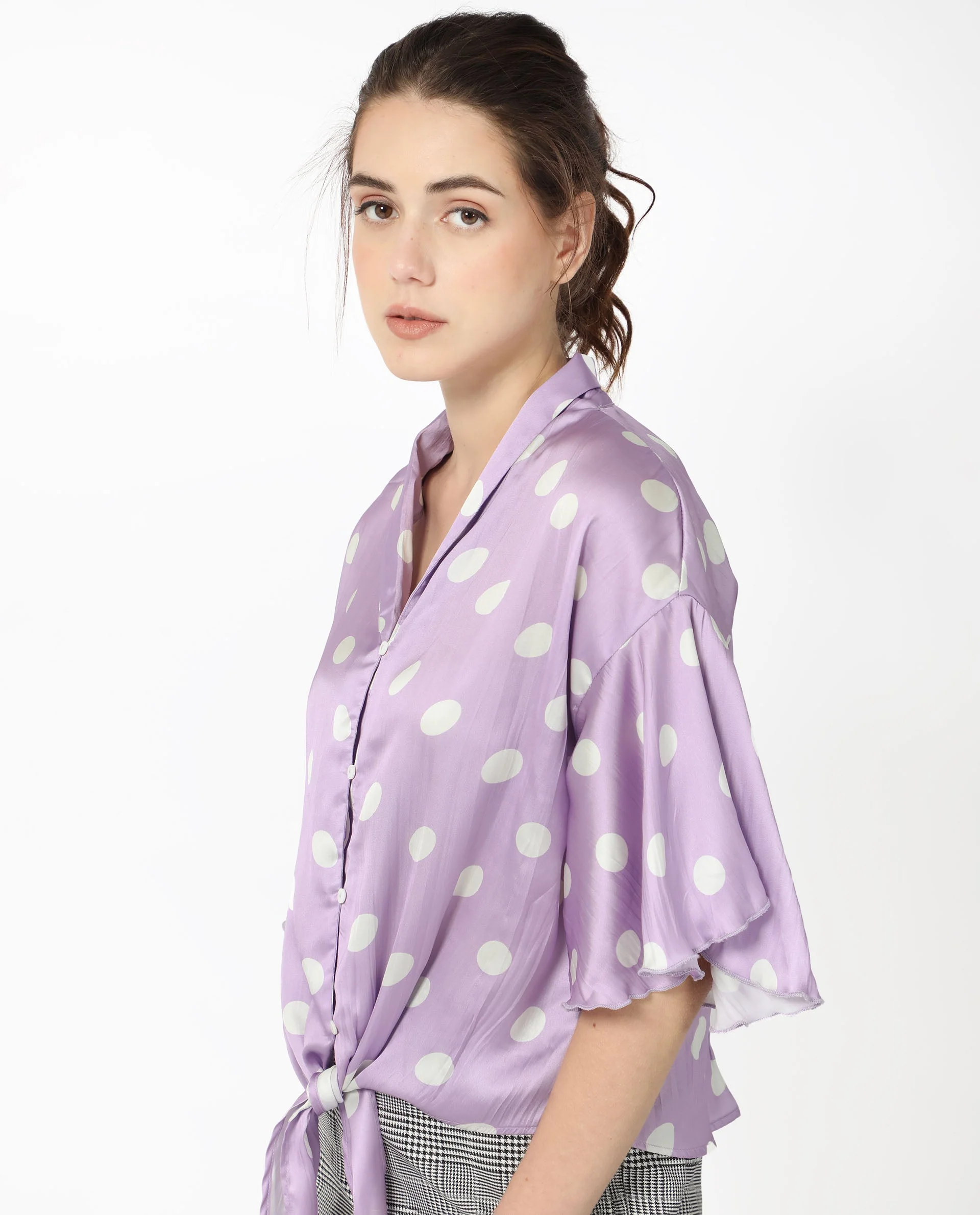 Rareism Women's Izzy Pastel Purple Polyester Collarless Polka Print Flared Sleeve Regular Fit Top - Image 8