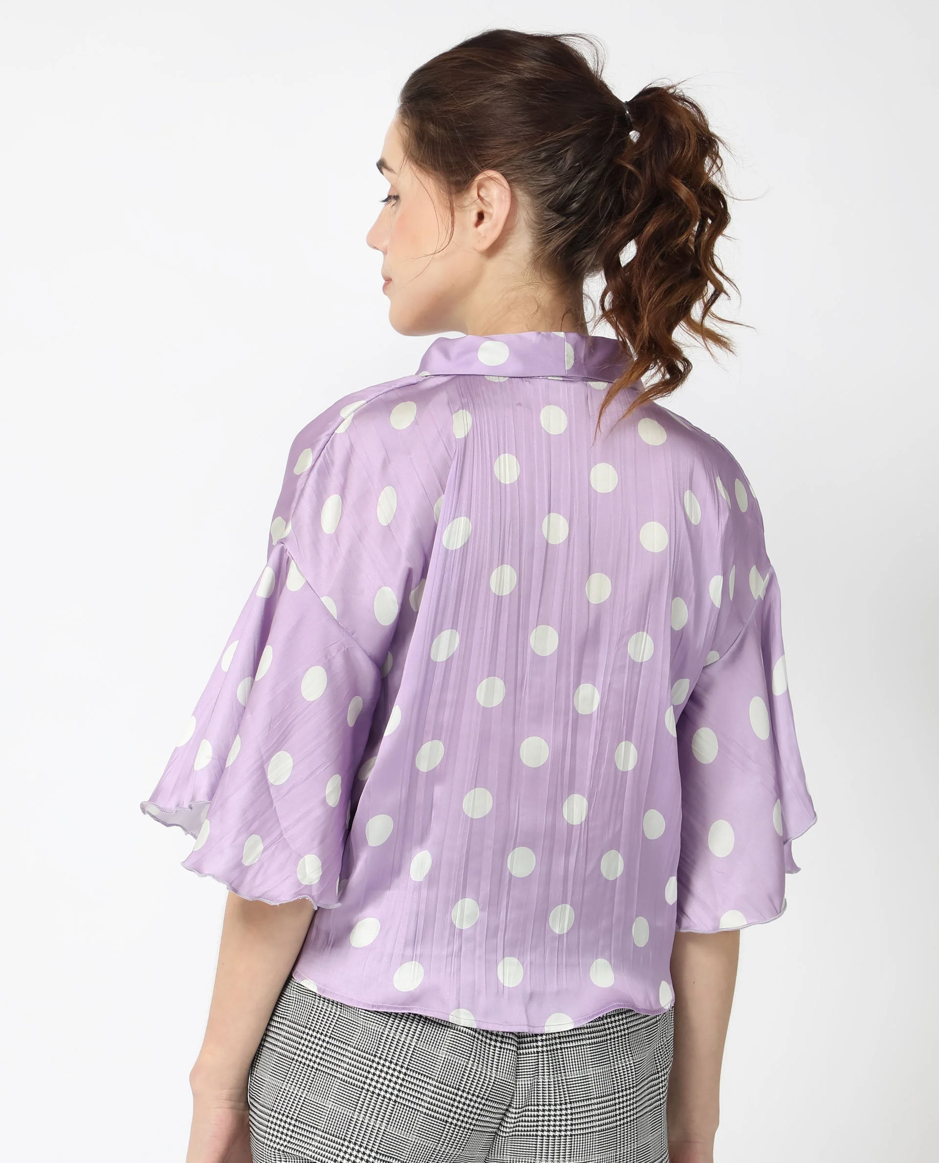 Rareism Women's Izzy Pastel Purple Polyester Collarless Polka Print Flared Sleeve Regular Fit Top - Image 9