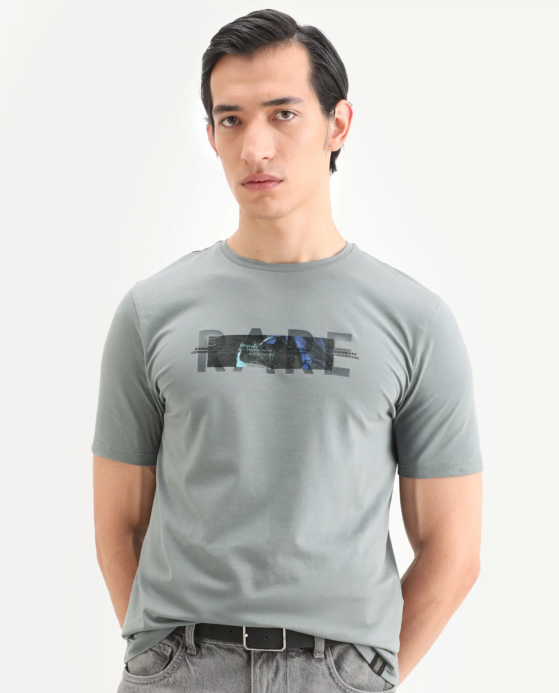 Rare Rabbit Men's Jaars Dark Grey Cotton Blend Fabric Half Sleeve Crew Neck Regular Fit Graphic Print T-Shirt