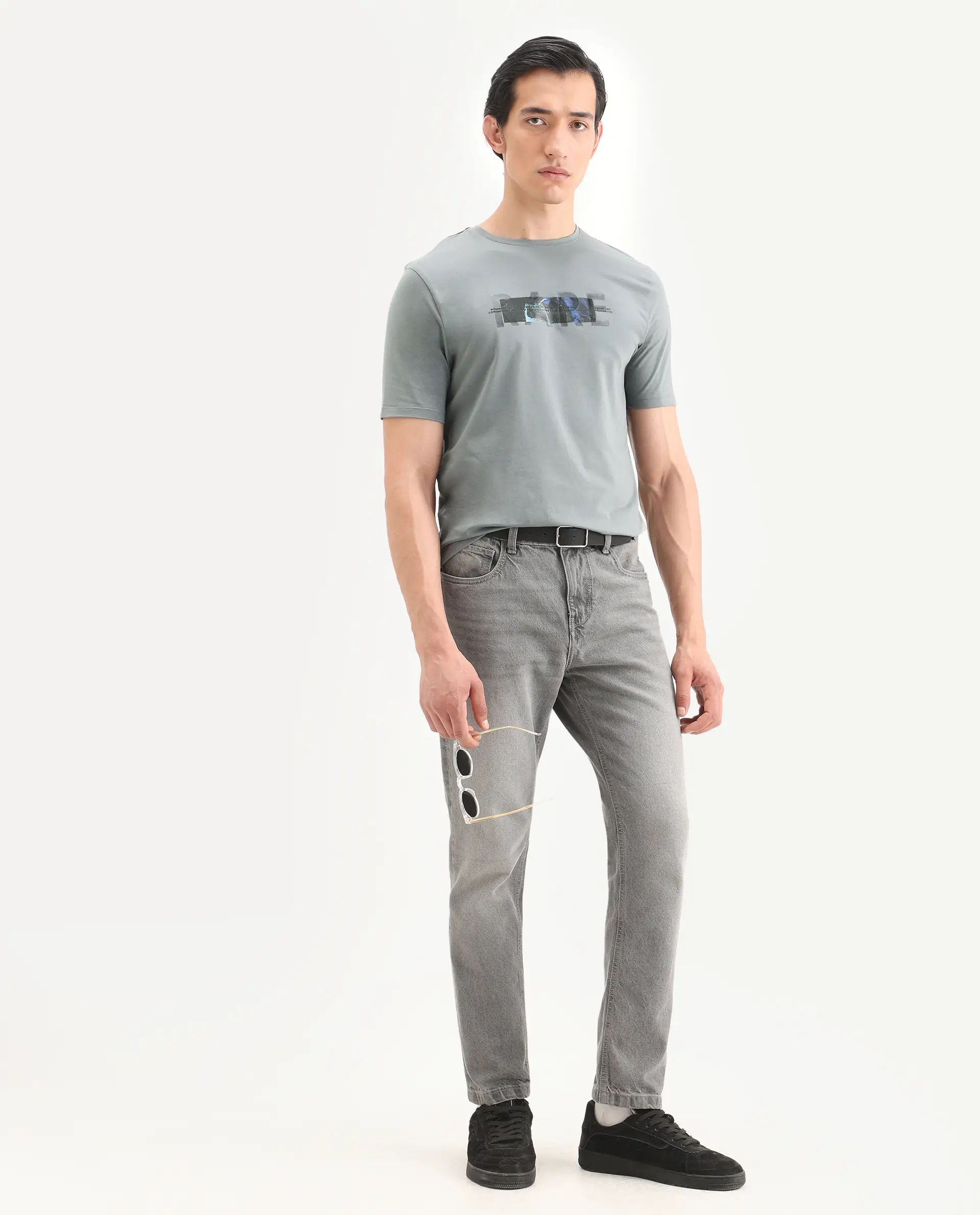 Rare Rabbit Men's Jaars Dark Grey Cotton Blend Fabric Half Sleeve Crew Neck Regular Fit Graphic Print T-Shirt - Image 2
