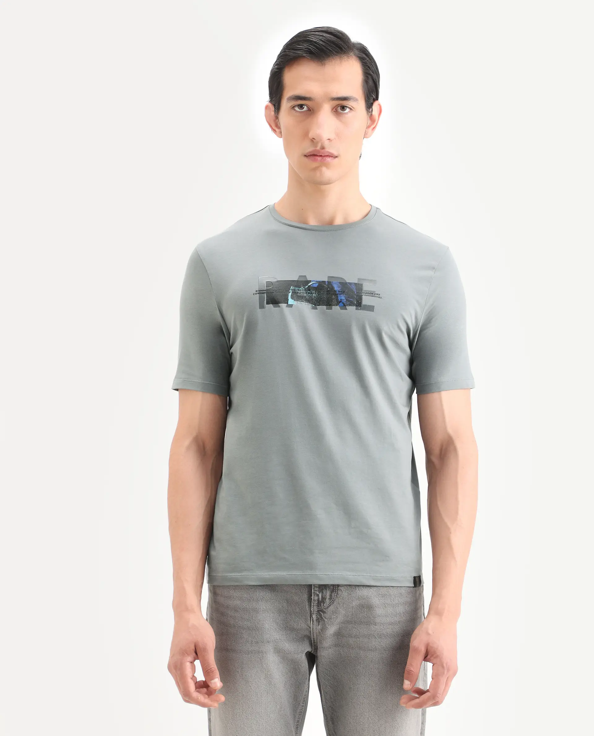 Rare Rabbit Men's Jaars Dark Grey Cotton Blend Fabric Half Sleeve Crew Neck Regular Fit Graphic Print T-Shirt - Image 4