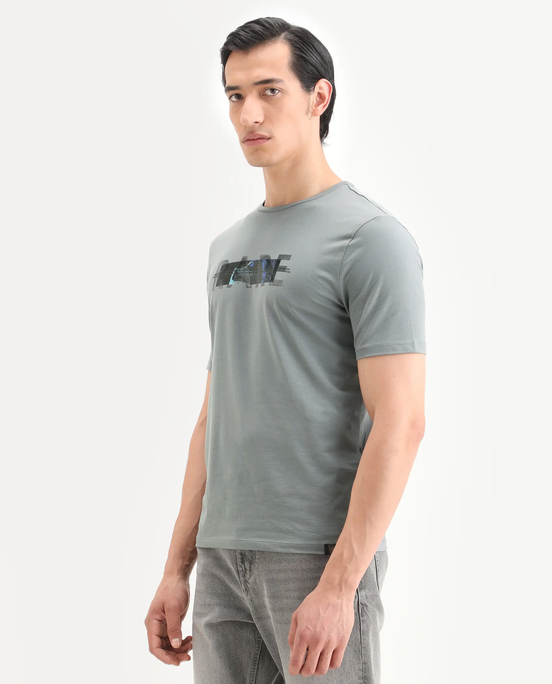 Rare Rabbit Men's Jaars Dark Grey Cotton Blend Fabric Half Sleeve Crew Neck Regular Fit Graphic Print T-Shirt - Image 5