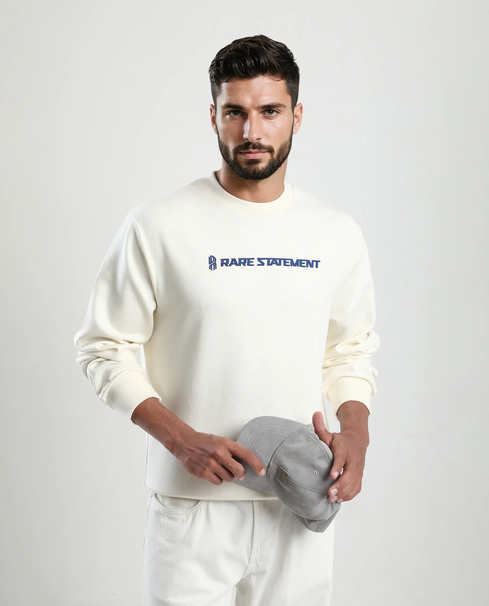 Rare Rabbit Men's Jabe-T Off White Modal Blend Graphic Print Regular Fit Full Sleeve Crew Neck Sweatshirt