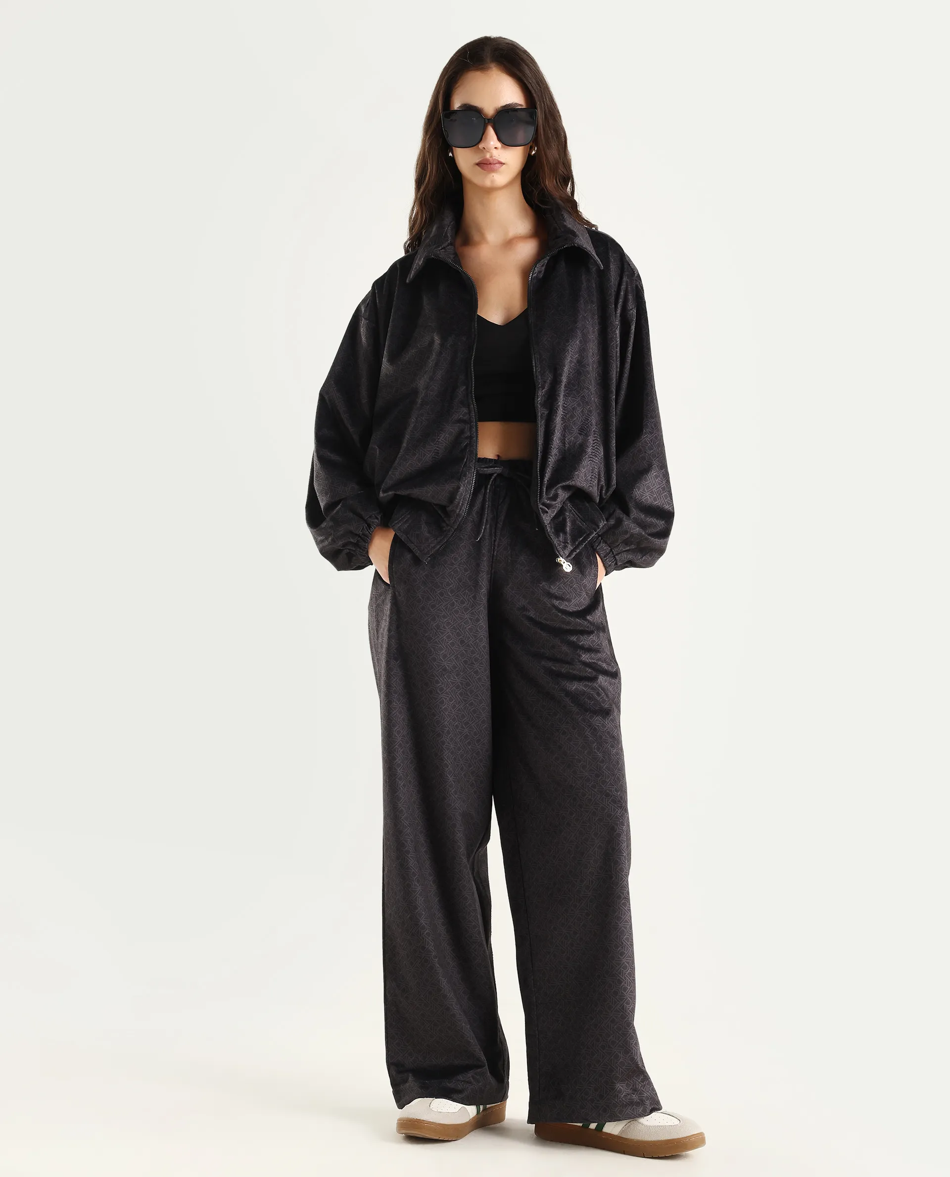 Rareism Women's Jacamo-B Black Polyester Straight Monogram Print Trouser