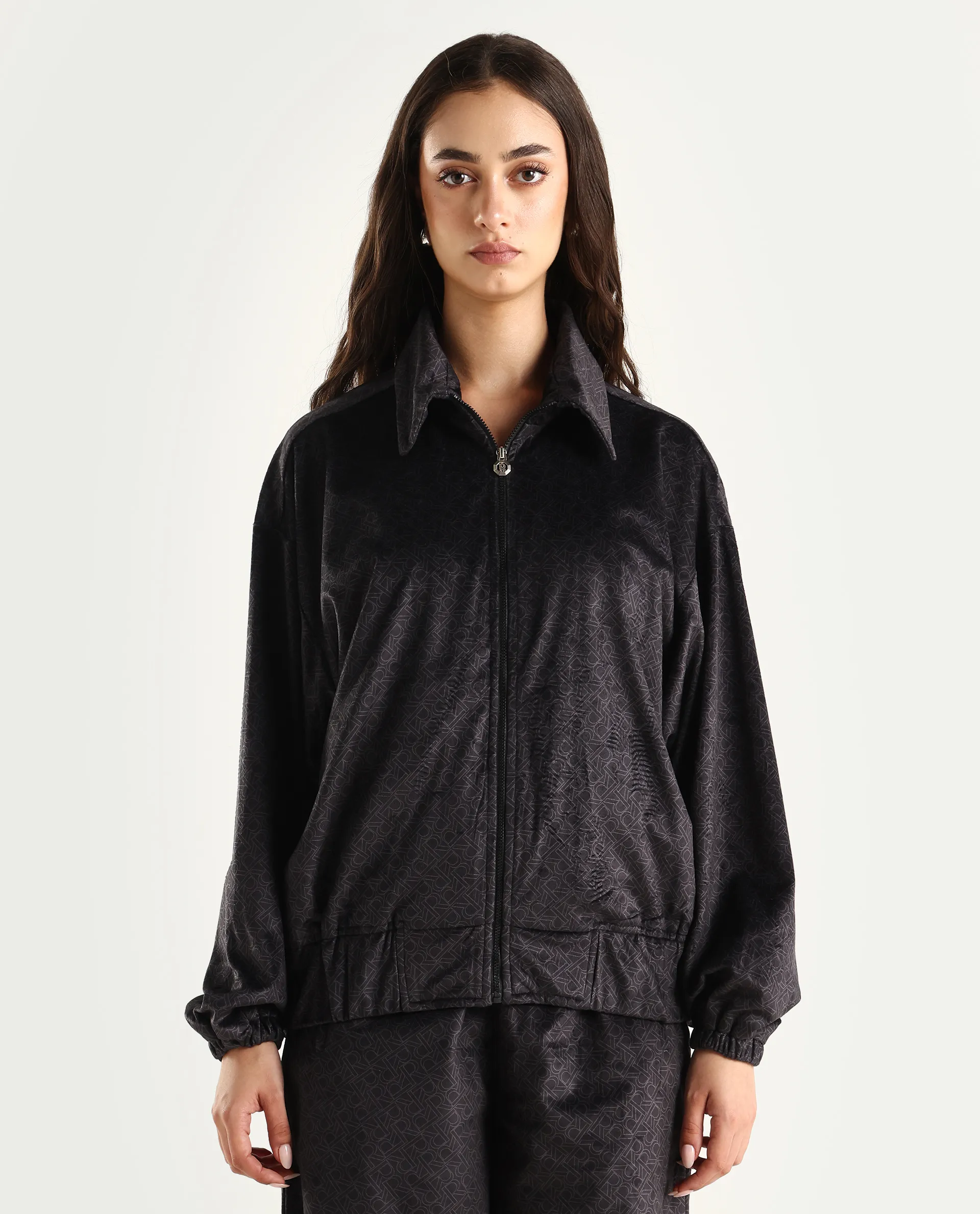 Rareism Women's Jacamo-T Black Polyester Spread Collar Relaxed Monogram Print Jacket - Image 3