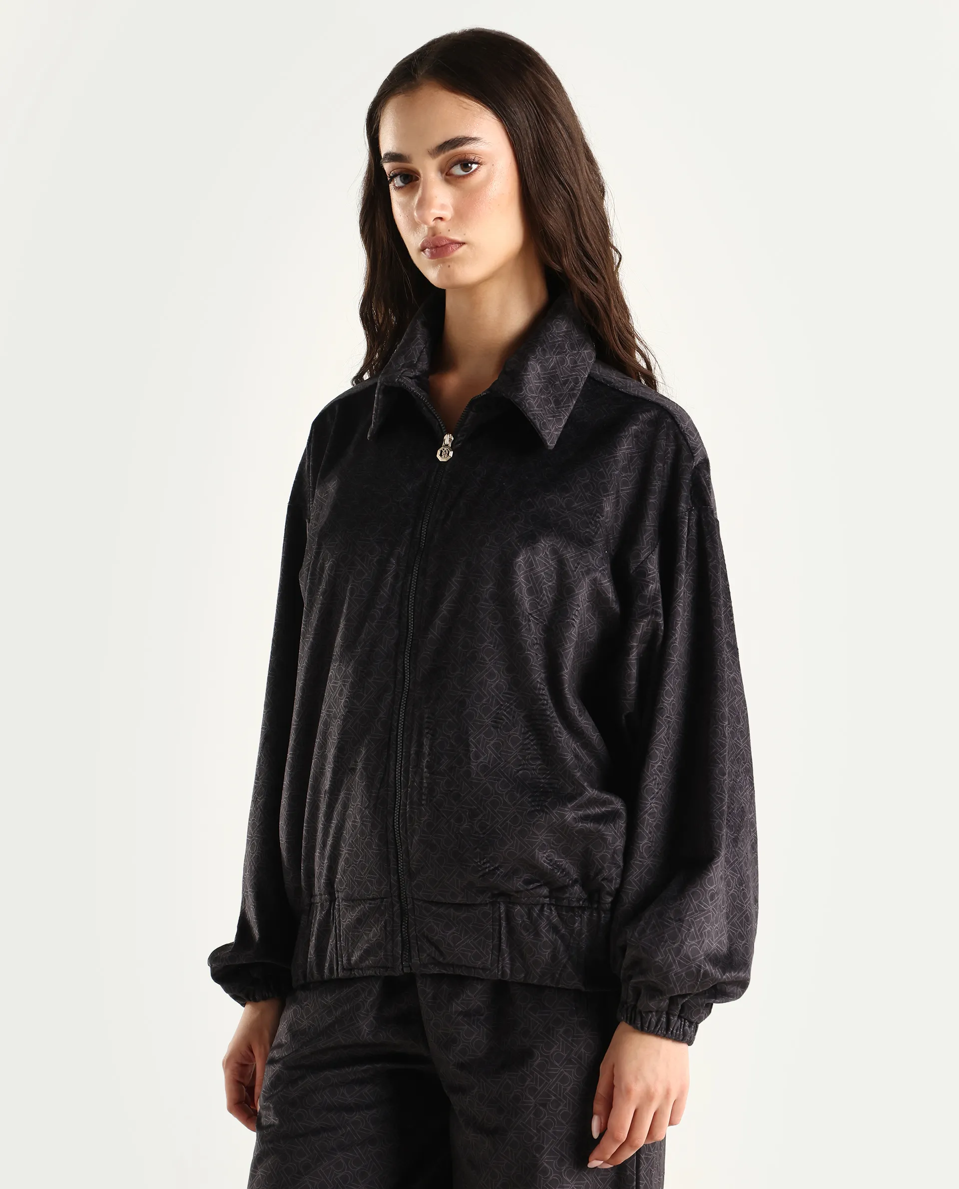 Rareism Women's Jacamo-T Black Polyester Spread Collar Relaxed Monogram Print Jacket - Image 5