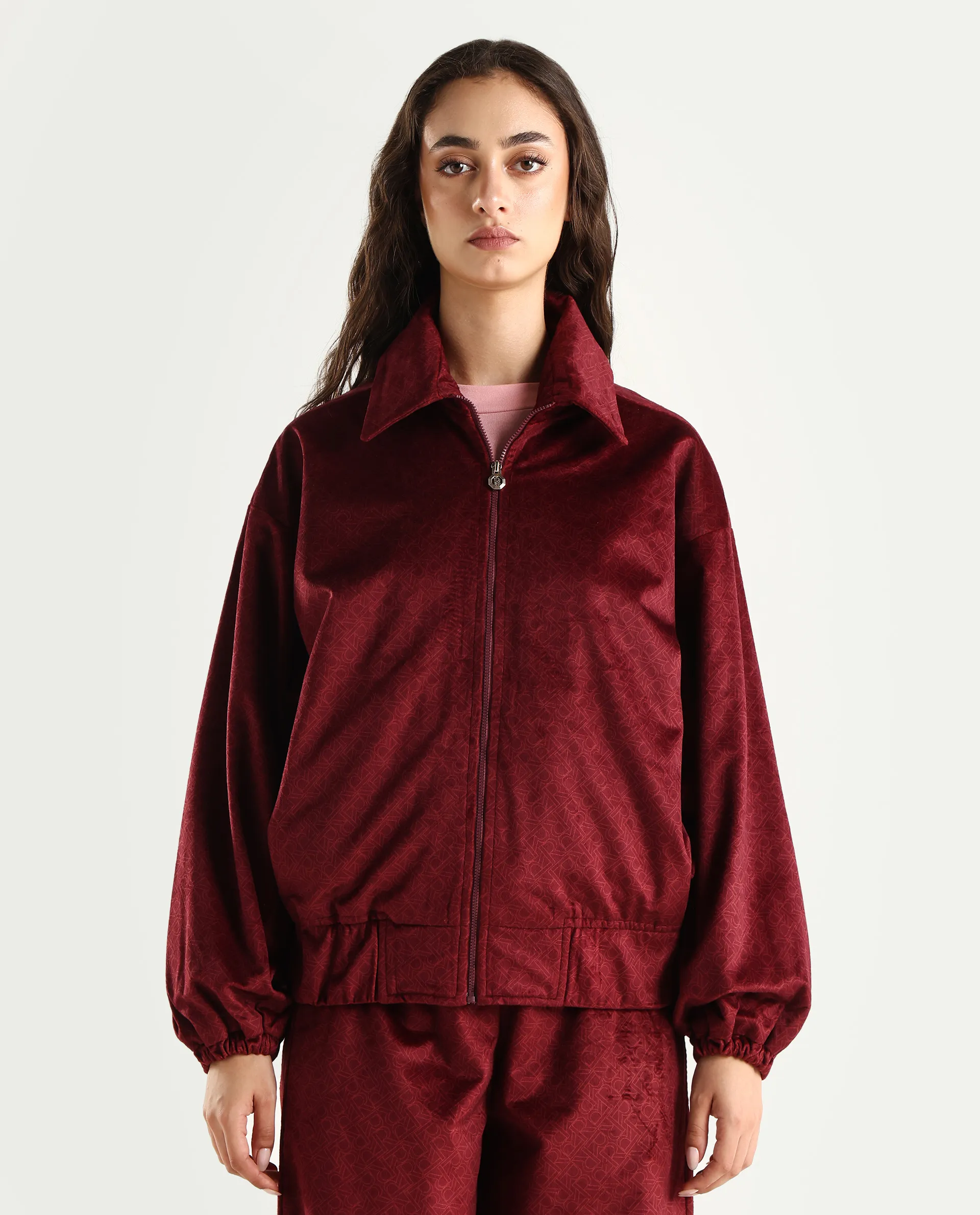 Rareism Women's Jacamo-T Maroon Polyester Spread Collar Relaxed Monogram Print Jacket - Image 3