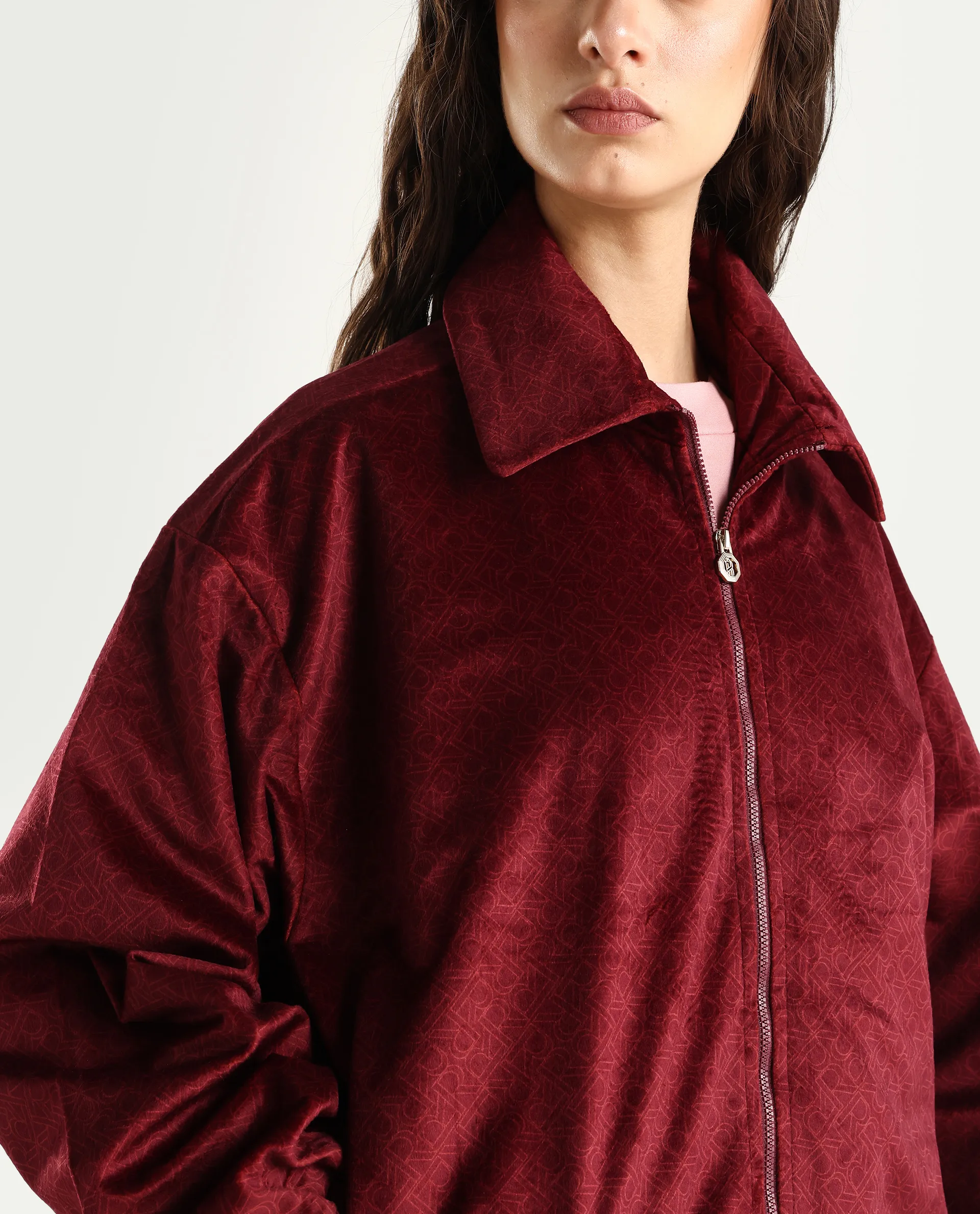 Rareism Women's Jacamo-T Maroon Polyester Spread Collar Relaxed Monogram Print Jacket - Image 4