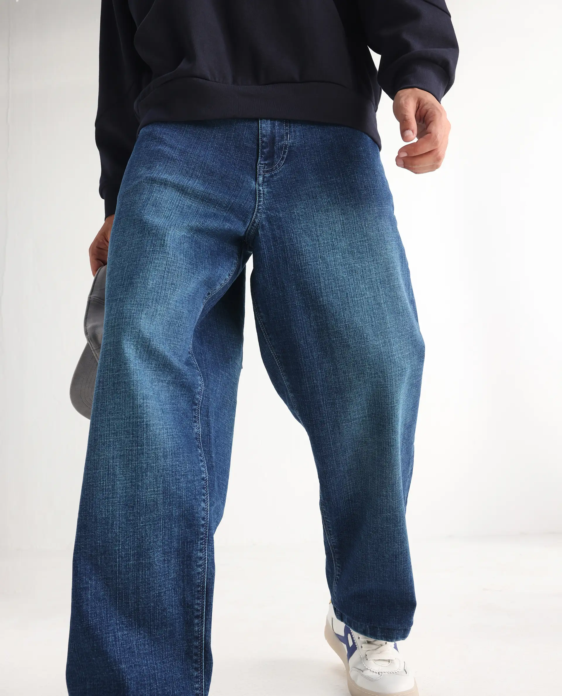 Rare Rabbit Men's Jace Blue Cotton Blend Plain Baggy Fit Jeans - Image 2