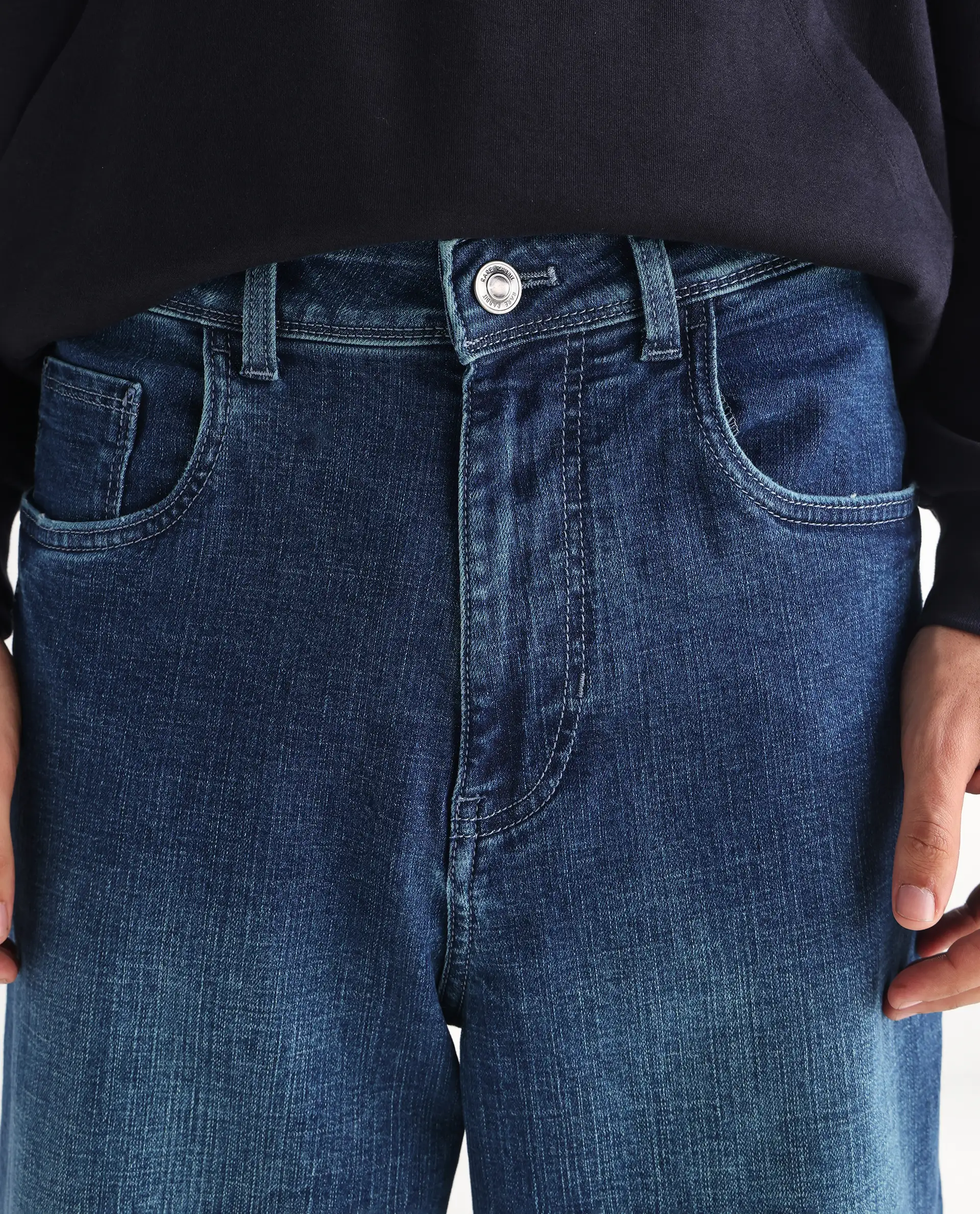Rare Rabbit Men's Jace Blue Cotton Blend Plain Baggy Fit Jeans - Image 6