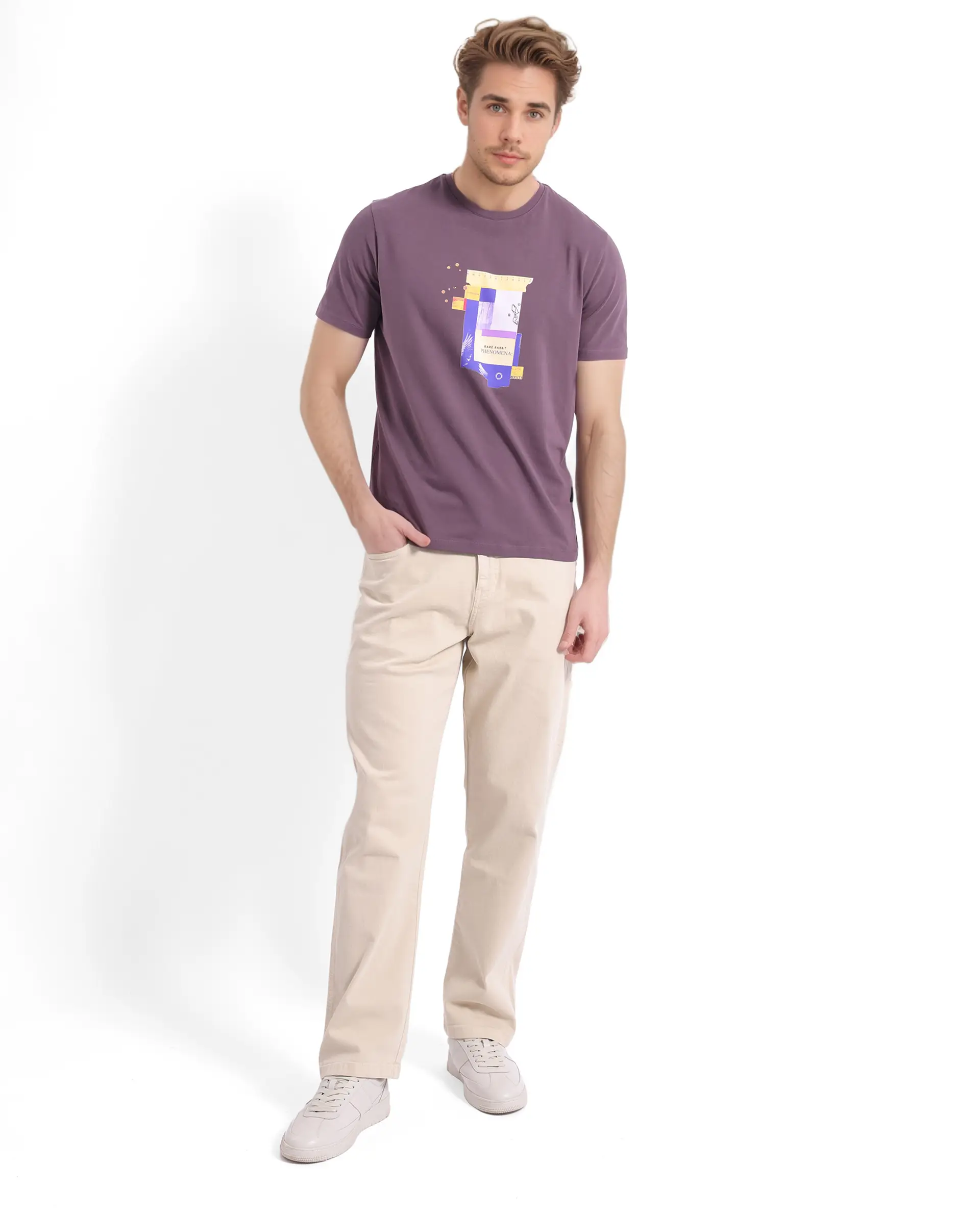 Rare Rabbit Men's Jaceb Dusky Purple Cotton Graphic Print Regular Fit Half Sleeve Crew Neck T-Shirt - Image 2