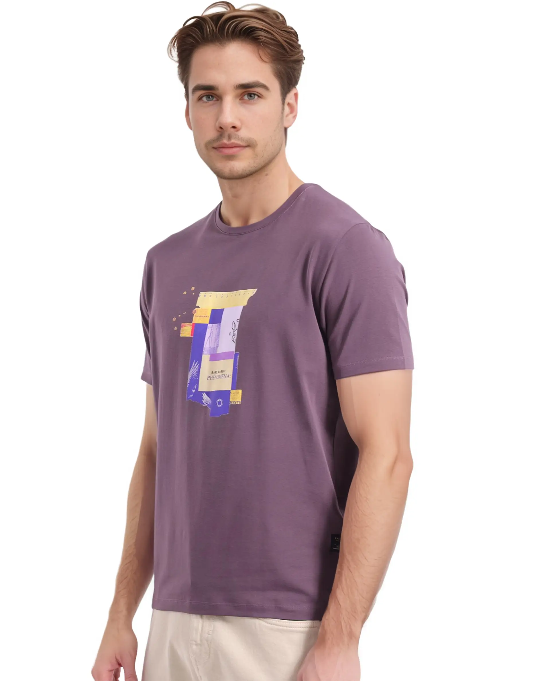 Rare Rabbit Men's Jaceb Dusky Purple Cotton Graphic Print Regular Fit Half Sleeve Crew Neck T-Shirt - Image 5