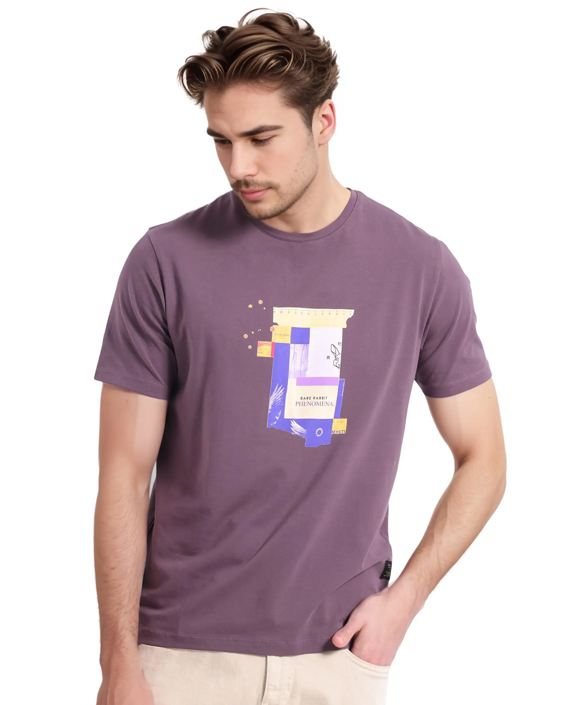 Rare Rabbit Men's Jaceb Dusky Purple Cotton Graphic Print Regular Fit Half Sleeve Crew Neck T-Shirt - Image 7