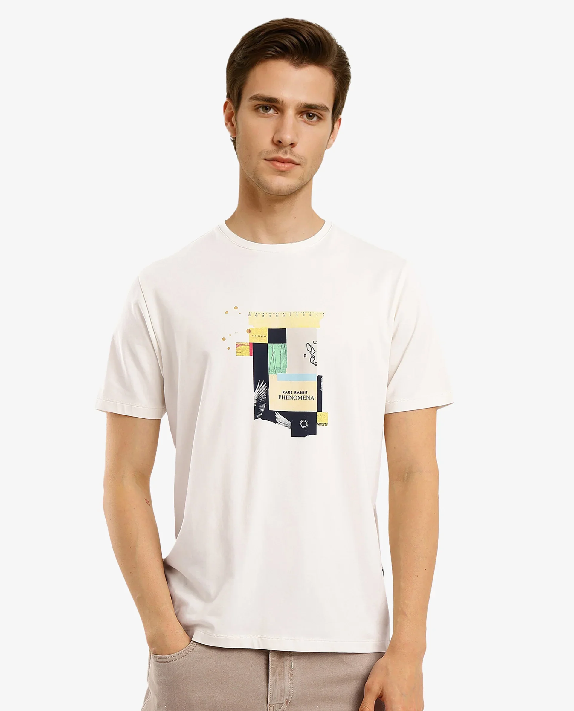Rare Rabbit Men's Jaceb Off White Cotton Blend Graphic Print Regular Fit Half Sleeve Crew Neck T-Shirt