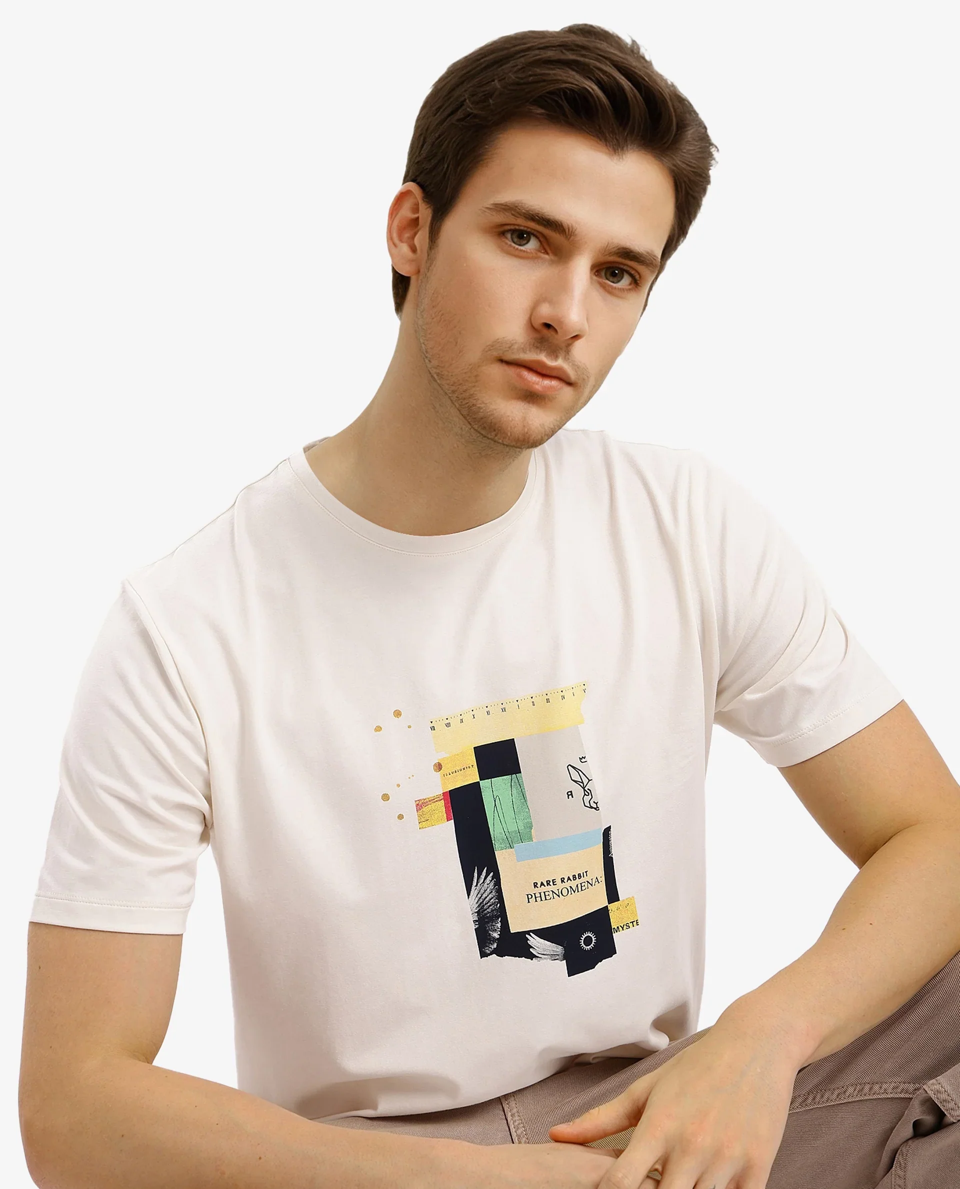 Rare Rabbit Men's Jaceb Off White Cotton Blend Graphic Print Regular Fit Half Sleeve Crew Neck T-Shirt - Image 5