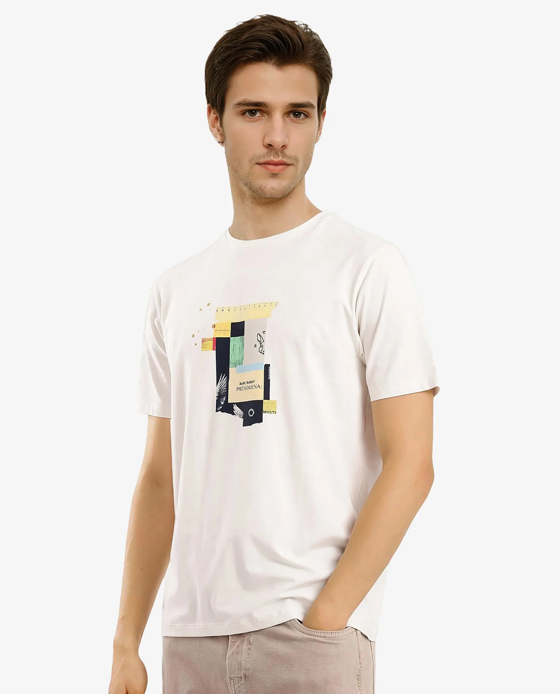 Rare Rabbit Men's Jaceb Off White Cotton Blend Graphic Print Regular Fit Half Sleeve Crew Neck T-Shirt - Image 8