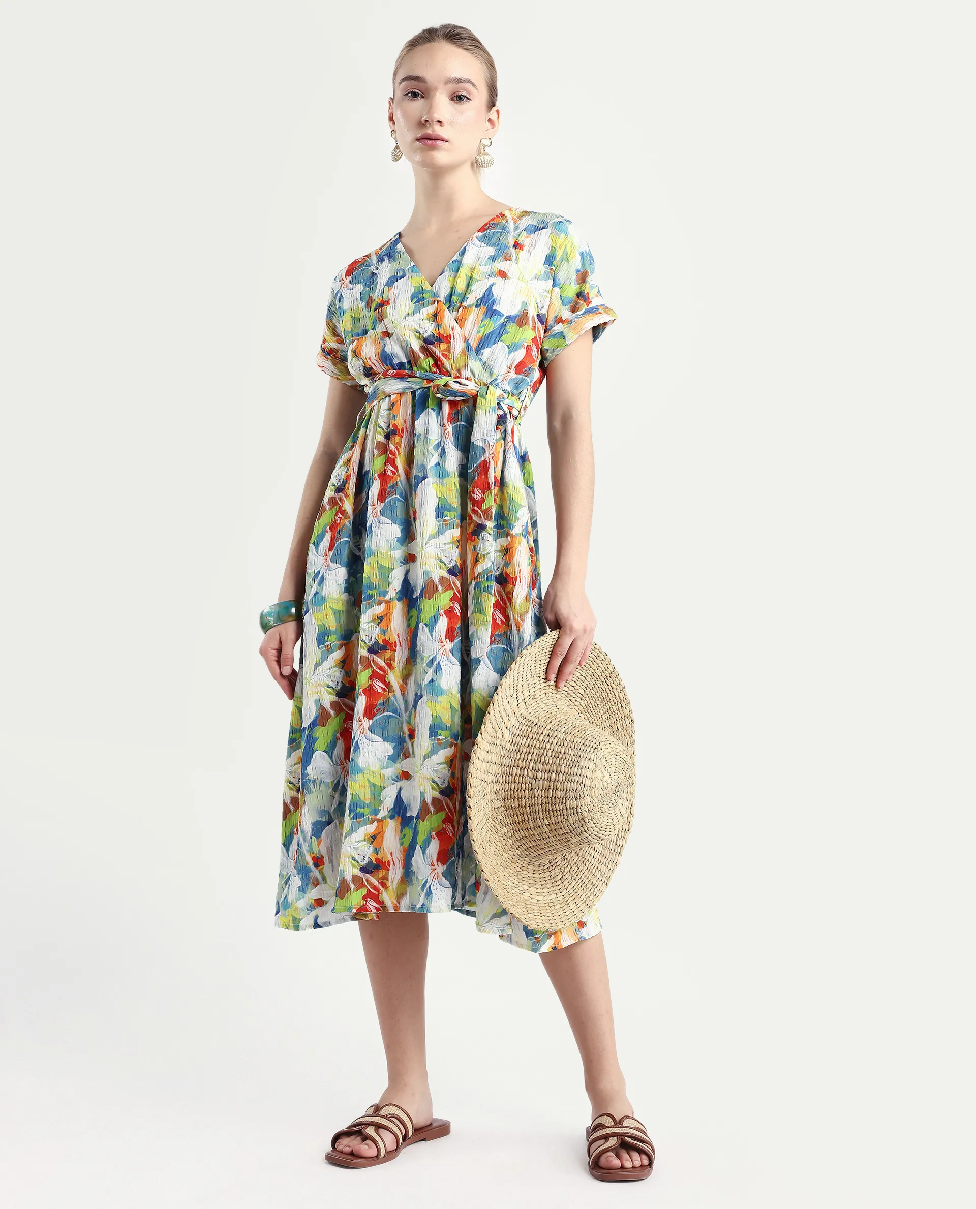 Rareism Women's Jaci Light Multi Polyester Overlap Neck Floral Print Extended Sleeves Midi Fit And Flare Dress