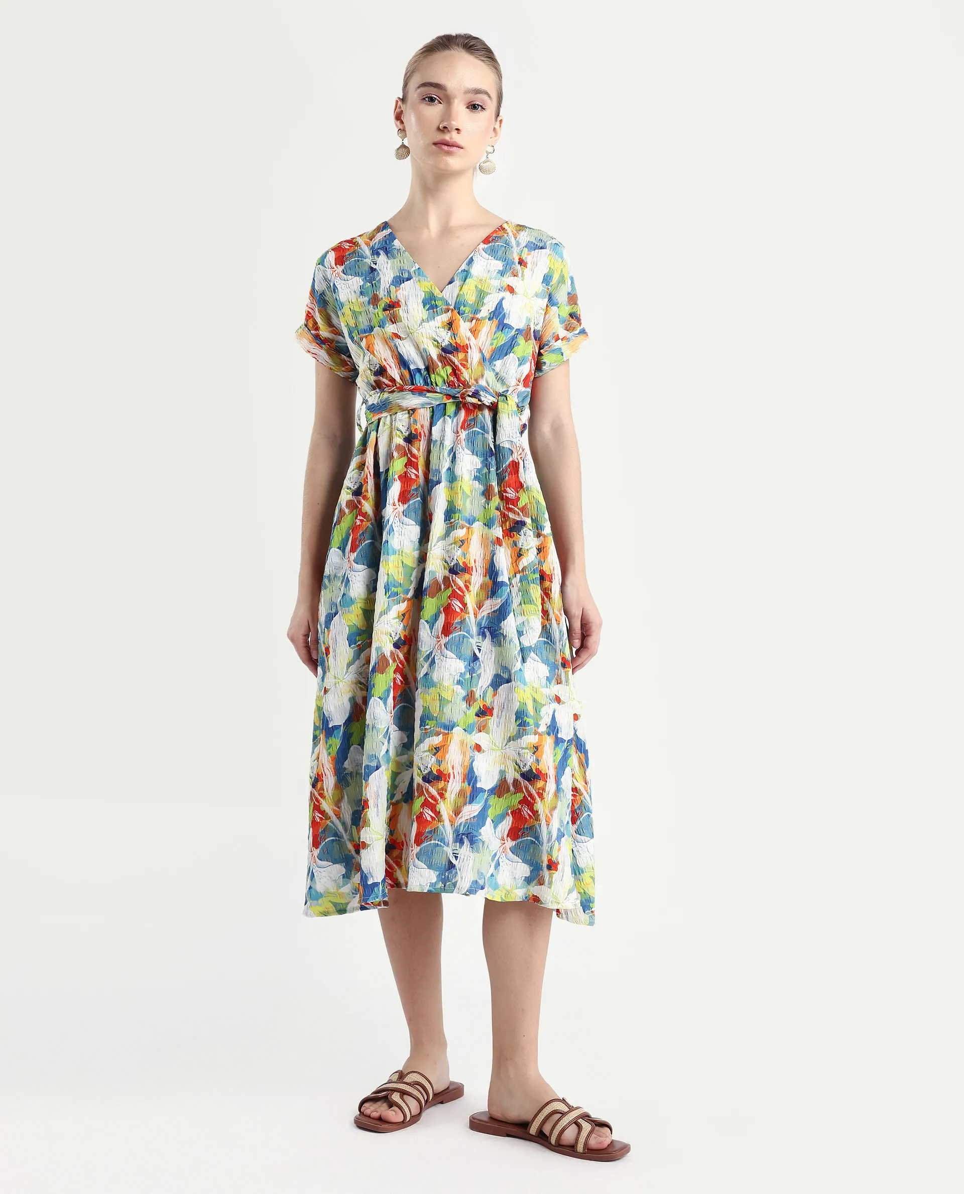 Rareism Women's Jaci Light Multi Polyester Overlap Neck Floral Print Extended Sleeves Midi Fit And Flare Dress - Image 2