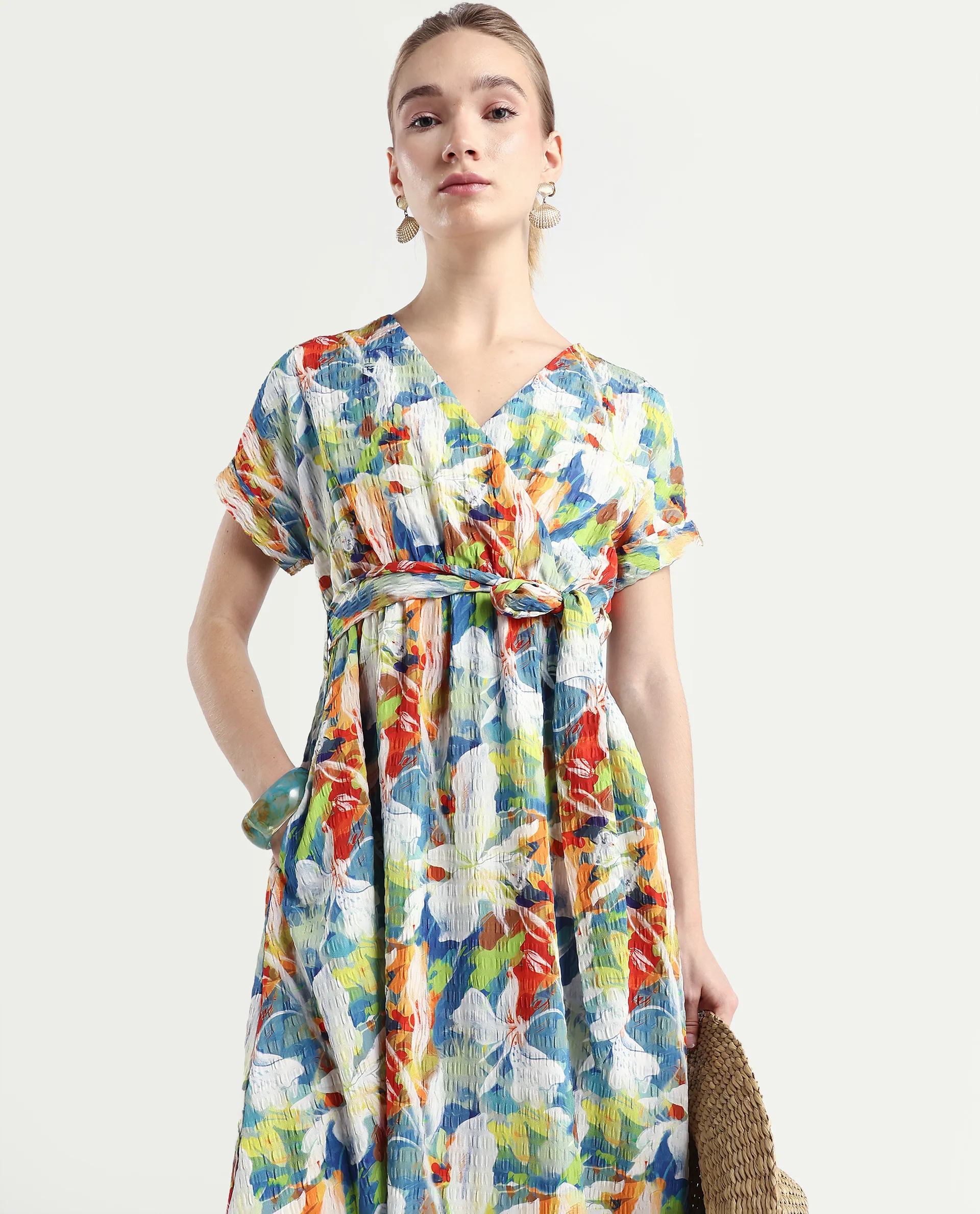 Rareism Women's Jaci Light Multi Polyester Overlap Neck Floral Print Extended Sleeves Midi Fit And Flare Dress - Image 3
