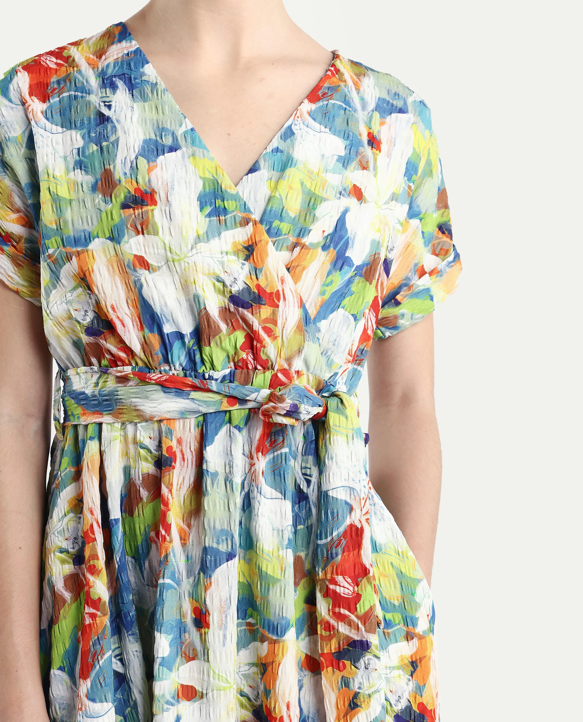 Rareism Women's Jaci Light Multi Polyester Overlap Neck Floral Print Extended Sleeves Midi Fit And Flare Dress - Image 4