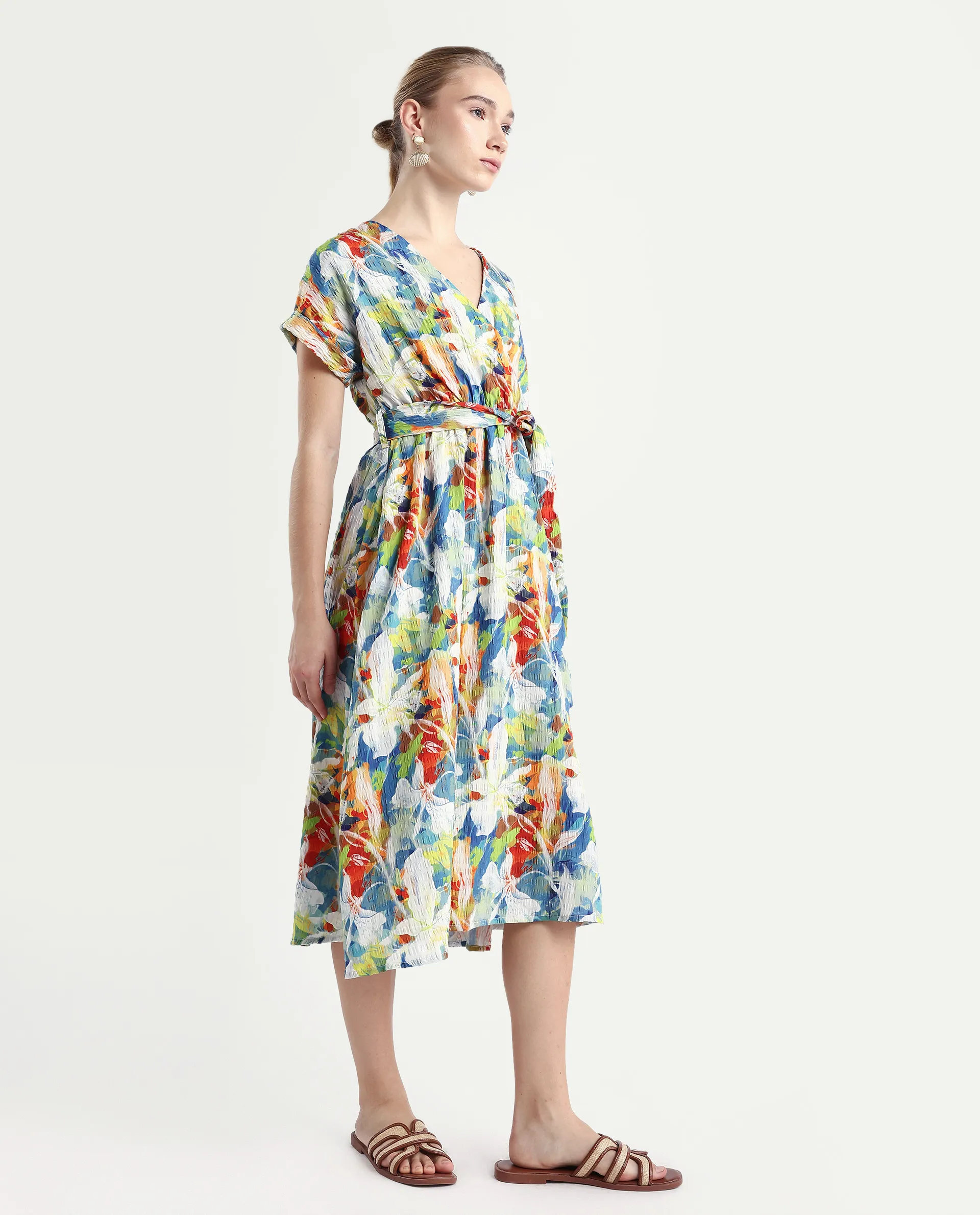 Rareism Women's Jaci Light Multi Polyester Overlap Neck Floral Print Extended Sleeves Midi Fit And Flare Dress - Image 5