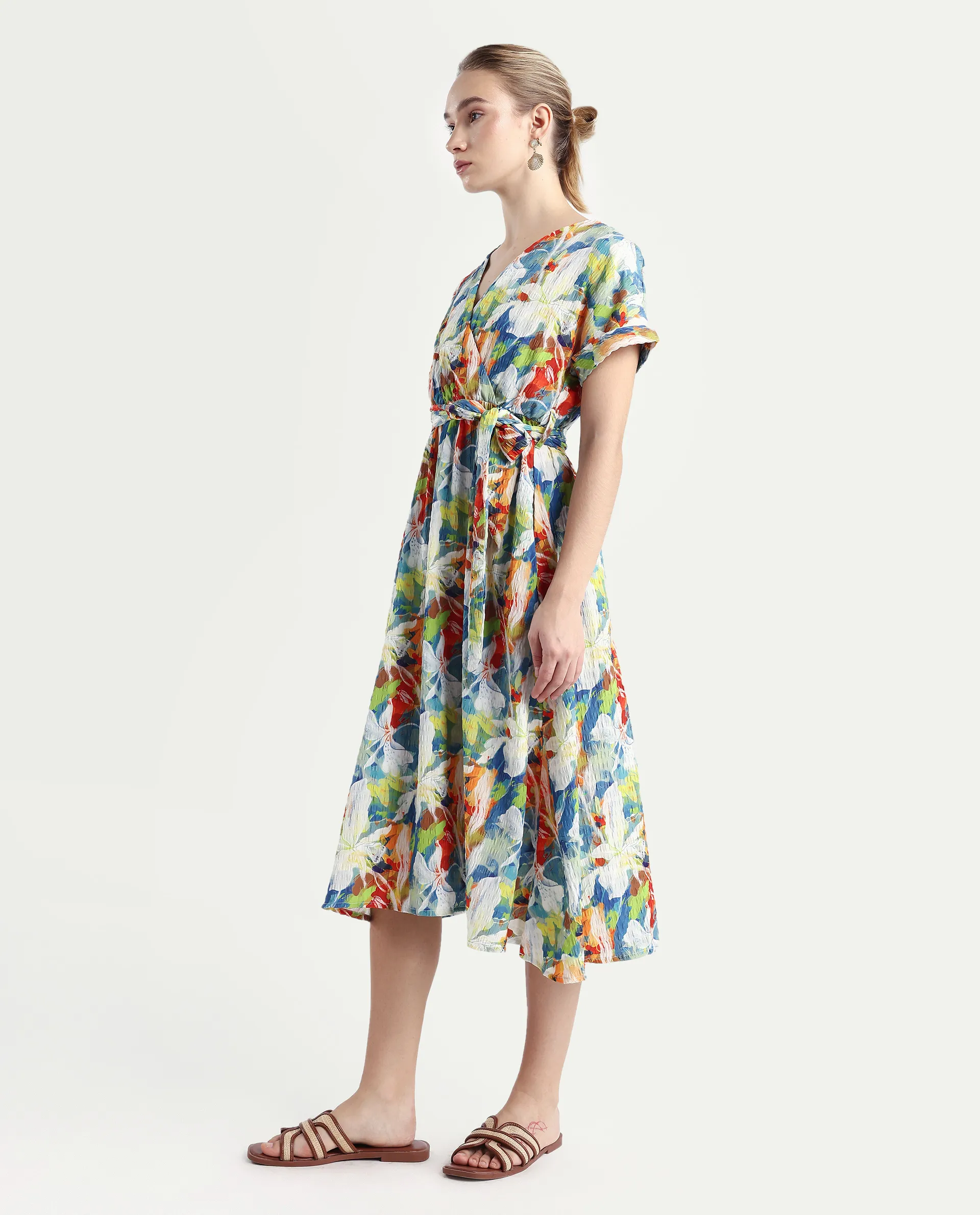 Rareism Women's Jaci Light Multi Polyester Overlap Neck Floral Print Extended Sleeves Midi Fit And Flare Dress - Image 6