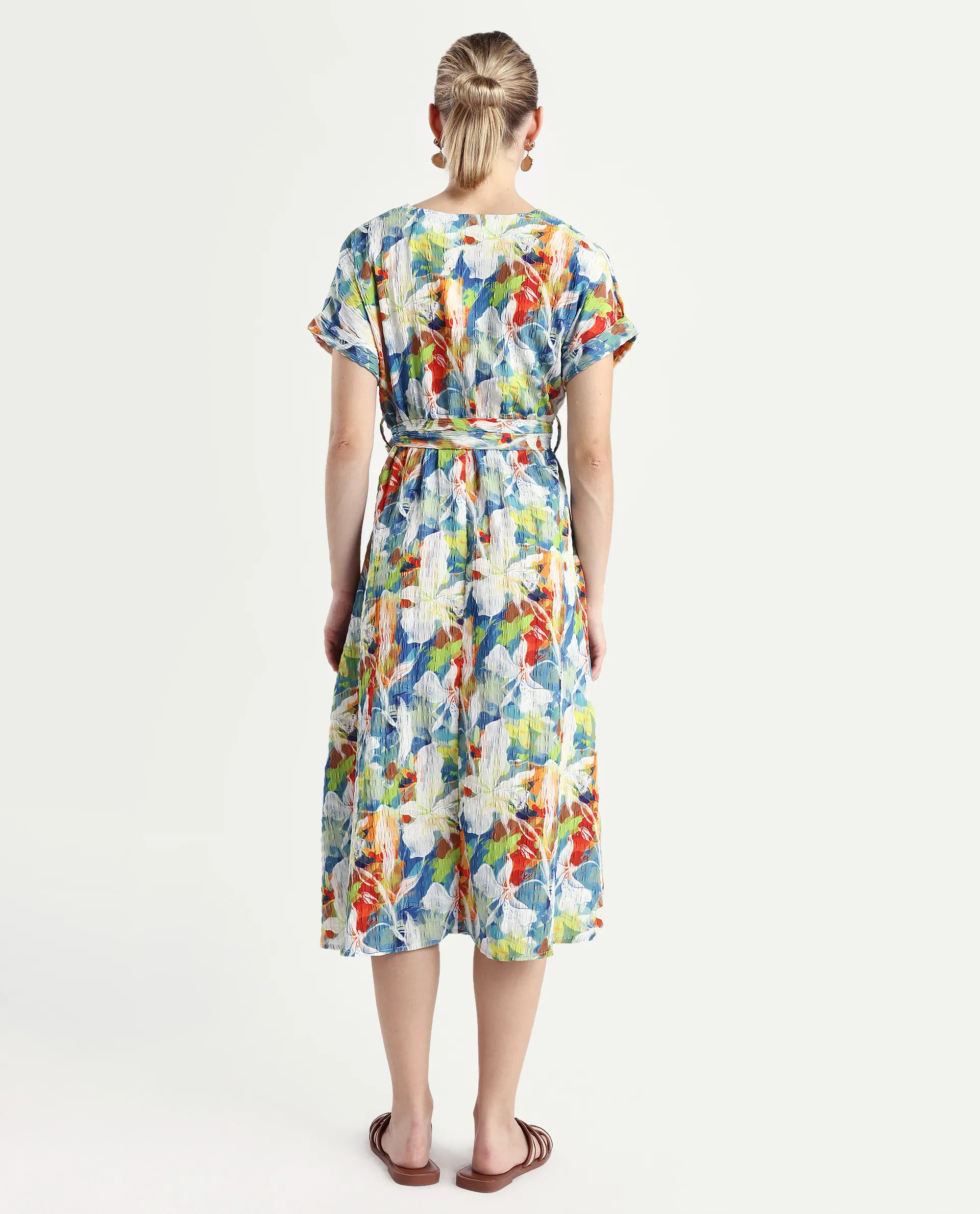 Rareism Women's Jaci Light Multi Polyester Overlap Neck Floral Print Extended Sleeves Midi Fit And Flare Dress - Image 7