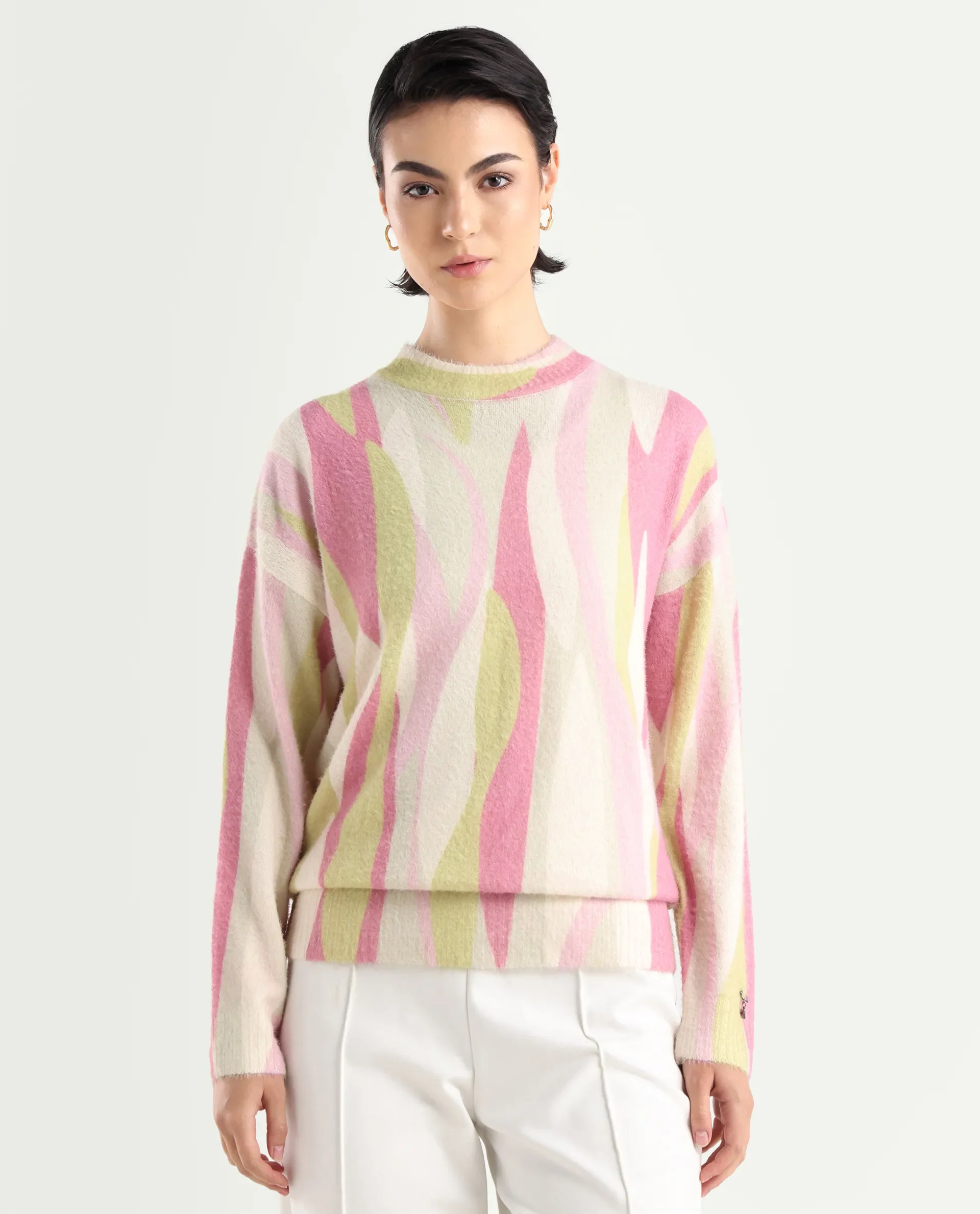 Rareism Women's Jacira Light Multi Acrylic High Neck Abstract Print Relaxed Fit Sweater - Image 3