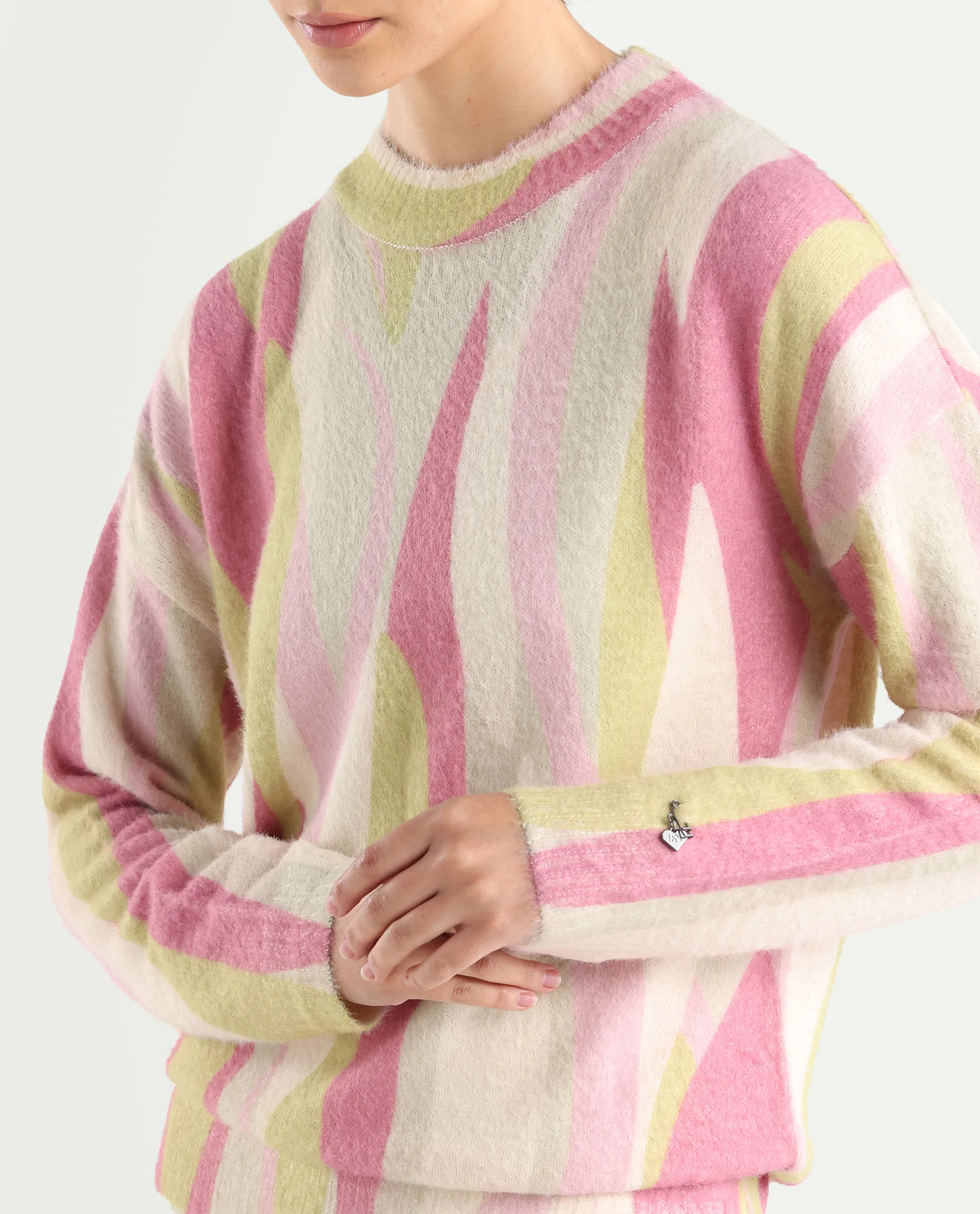 Rareism Women's Jacira Light Multi Acrylic High Neck Abstract Print Relaxed Fit Sweater - Image 4