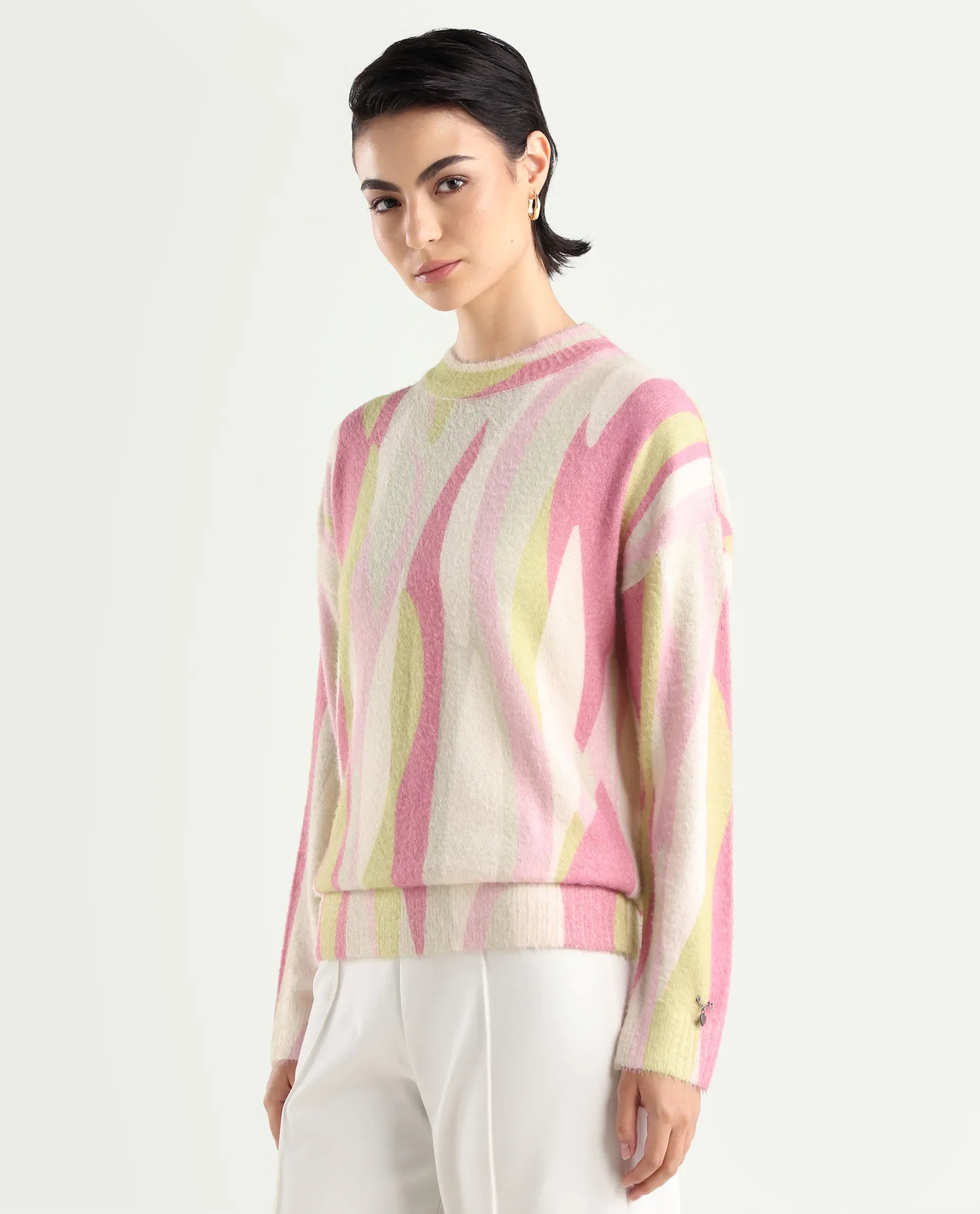 Rareism Women's Jacira Light Multi Acrylic High Neck Abstract Print Relaxed Fit Sweater - Image 5