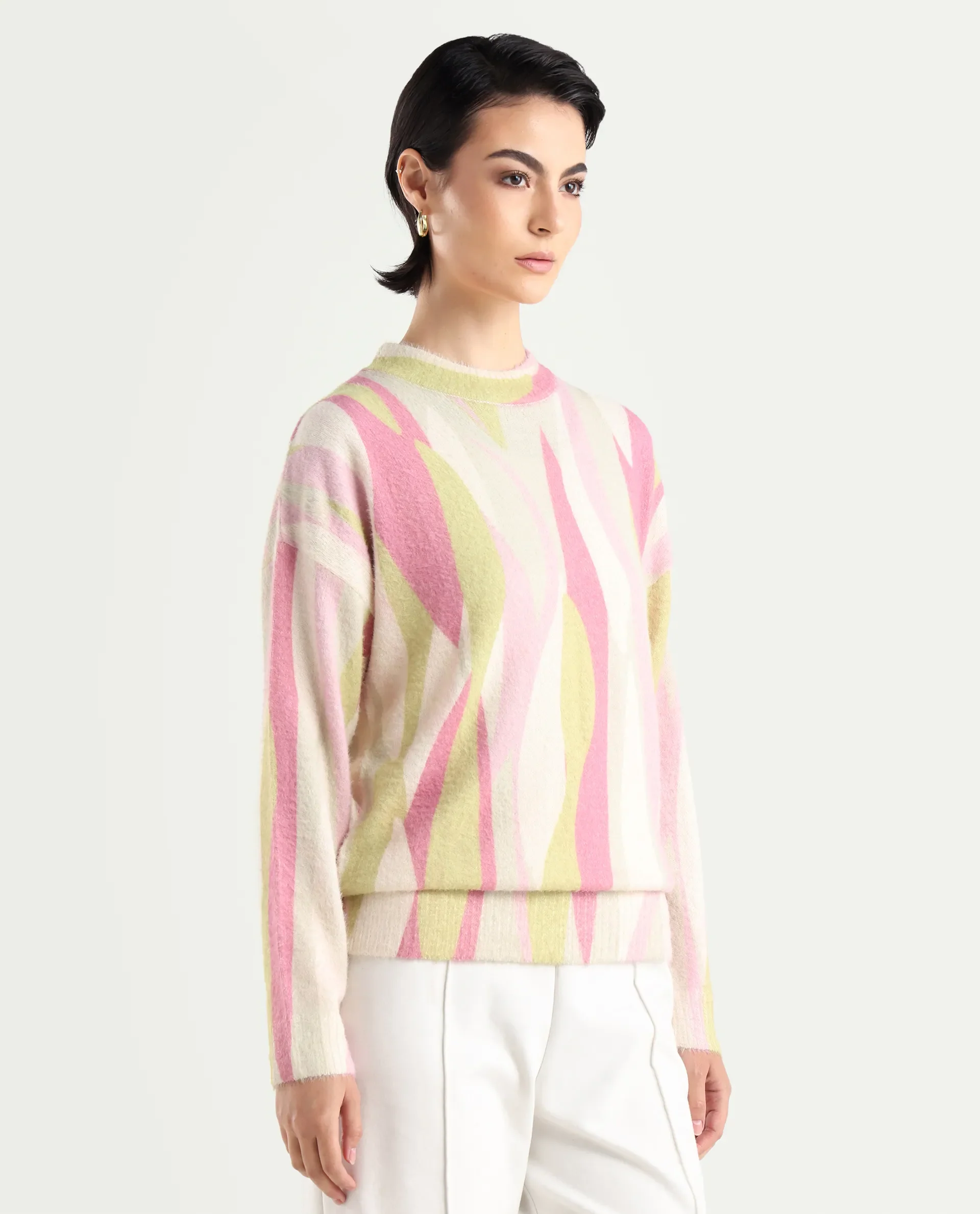 Rareism Women's Jacira Light Multi Acrylic High Neck Abstract Print Relaxed Fit Sweater - Image 6