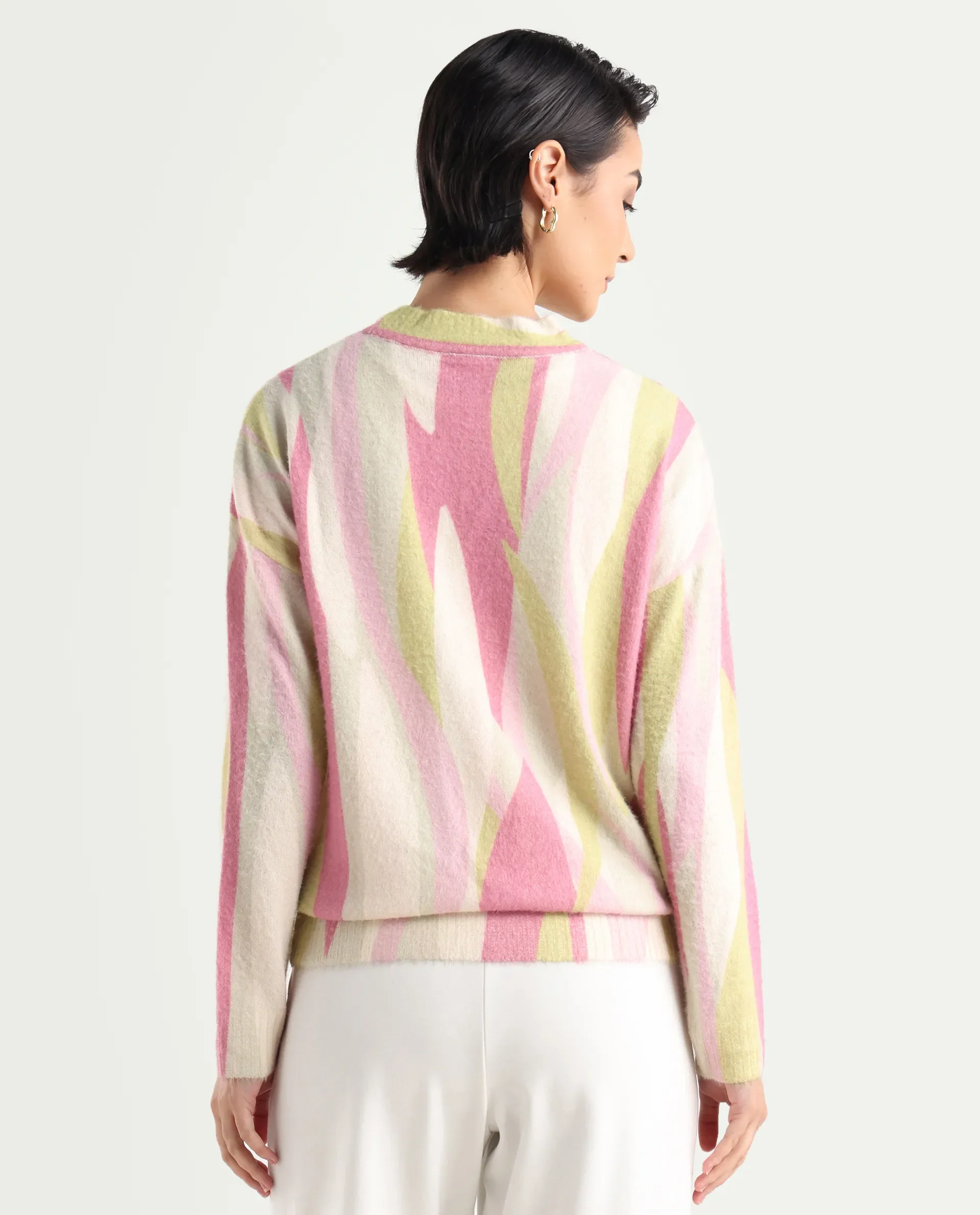 Rareism Women's Jacira Light Multi Acrylic High Neck Abstract Print Relaxed Fit Sweater - Image 7