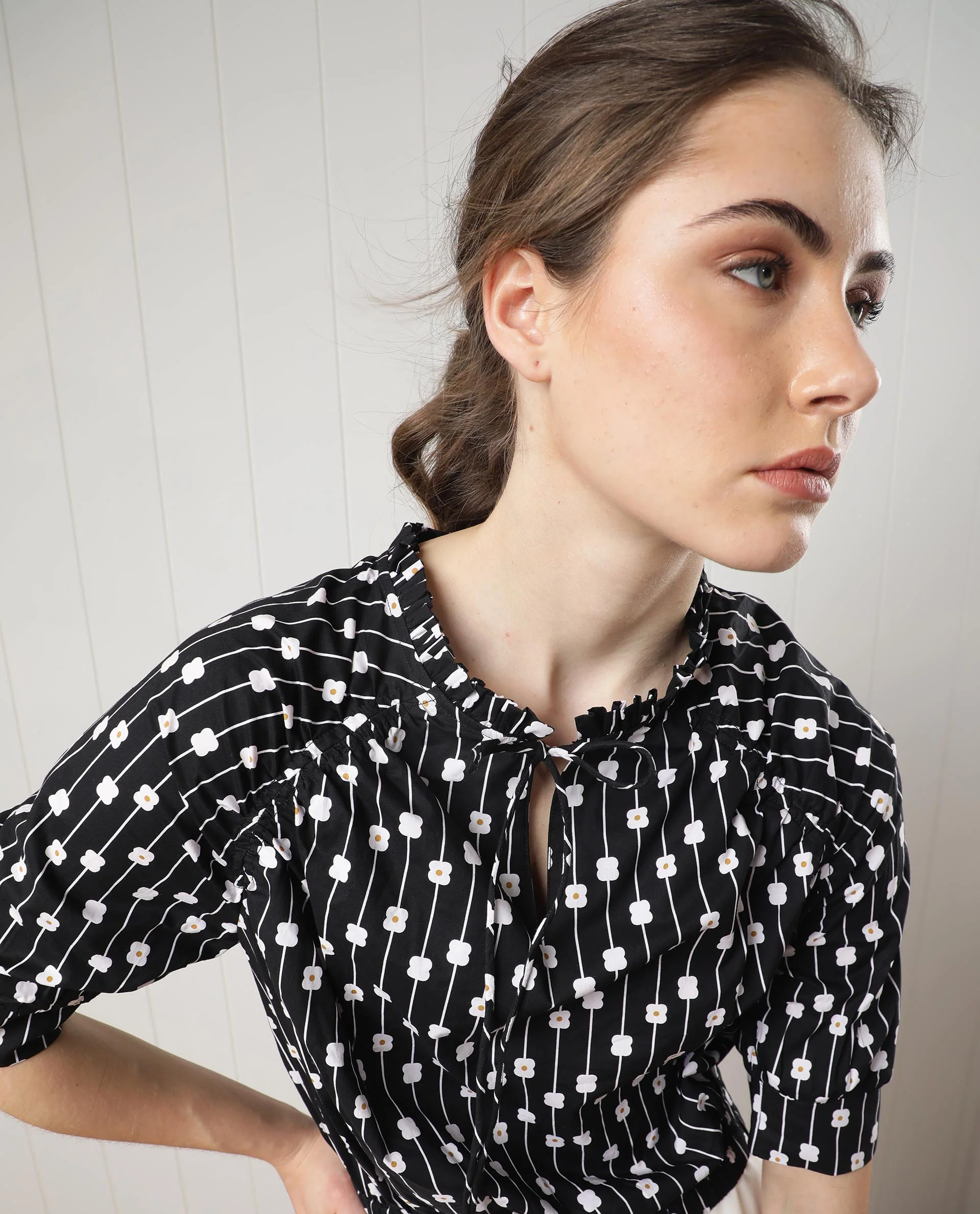 Rareism Women's Jack Black Cotton Tie-Up Neck Floral Print Volume Sleeve Relaxed Fit Top - Image 10