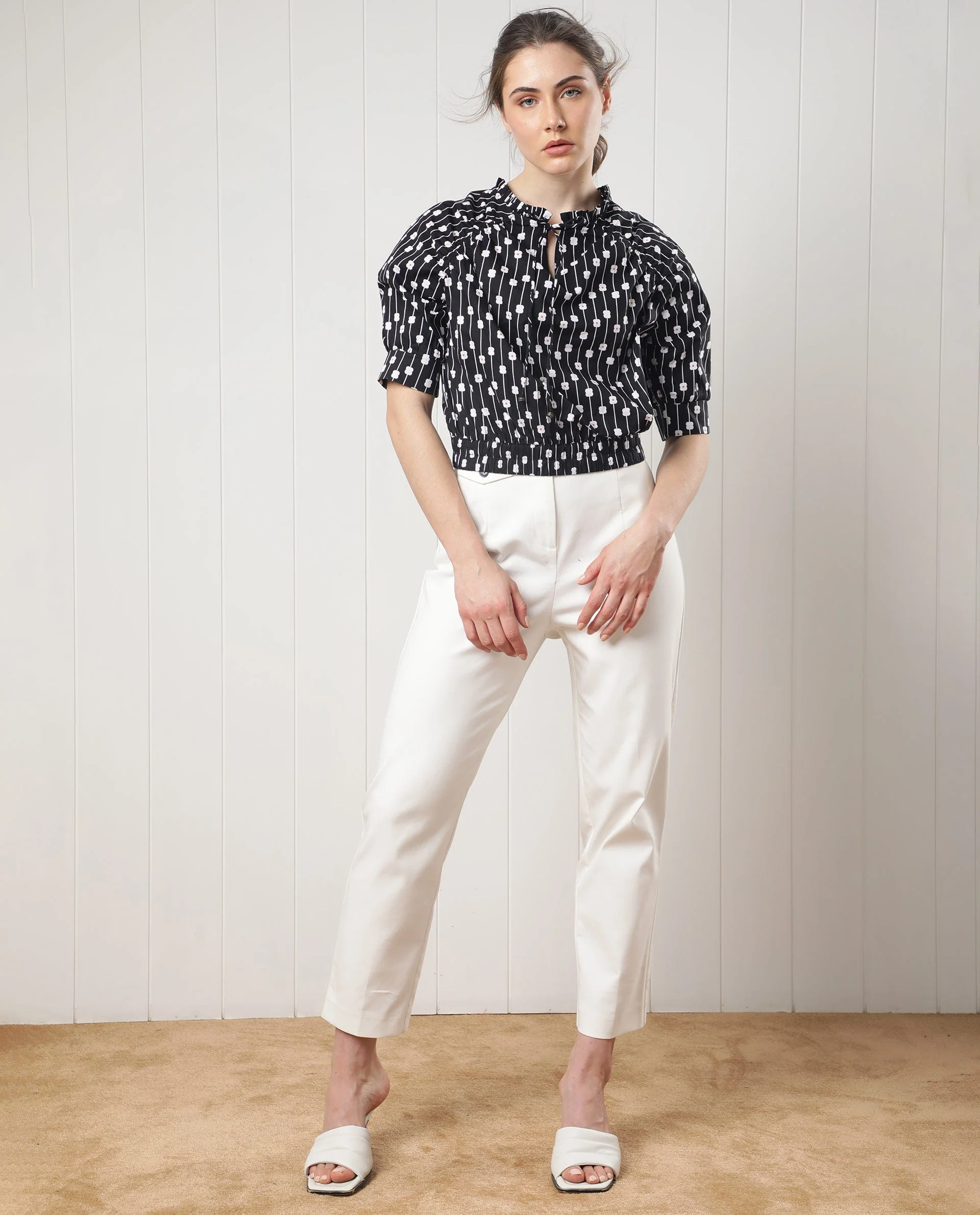 Rareism Women's Jack Black Cotton Tie-Up Neck Floral Print Volume Sleeve Relaxed Fit Top - Image 3