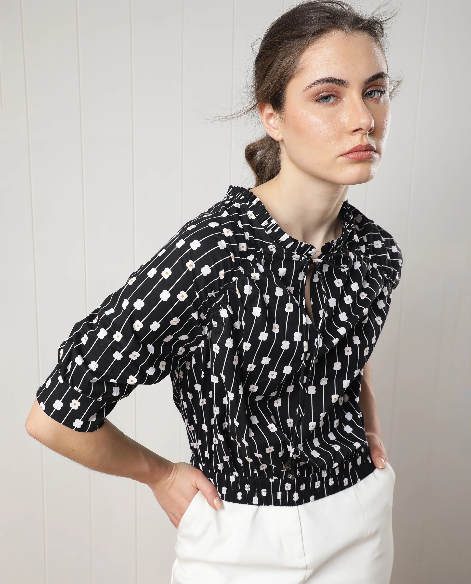 Rareism Women's Jack Black Cotton Tie-Up Neck Floral Print Volume Sleeve Relaxed Fit Top - Image 4