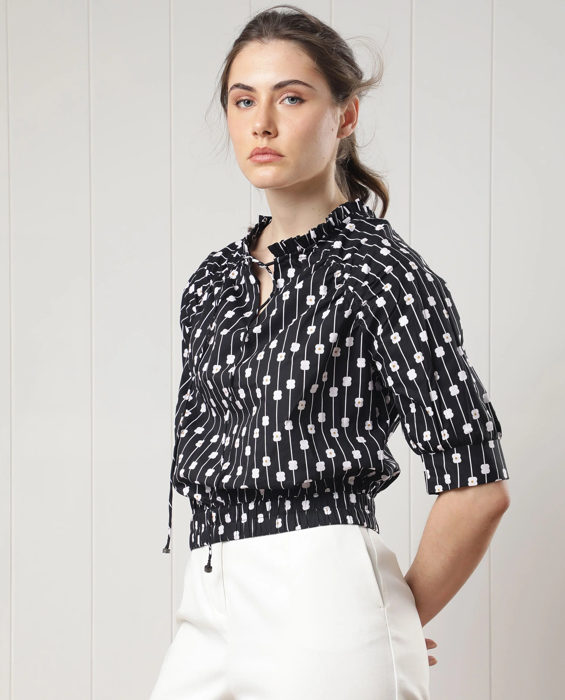 Rareism Women's Jack Black Cotton Tie-Up Neck Floral Print Volume Sleeve Relaxed Fit Top - Image 5
