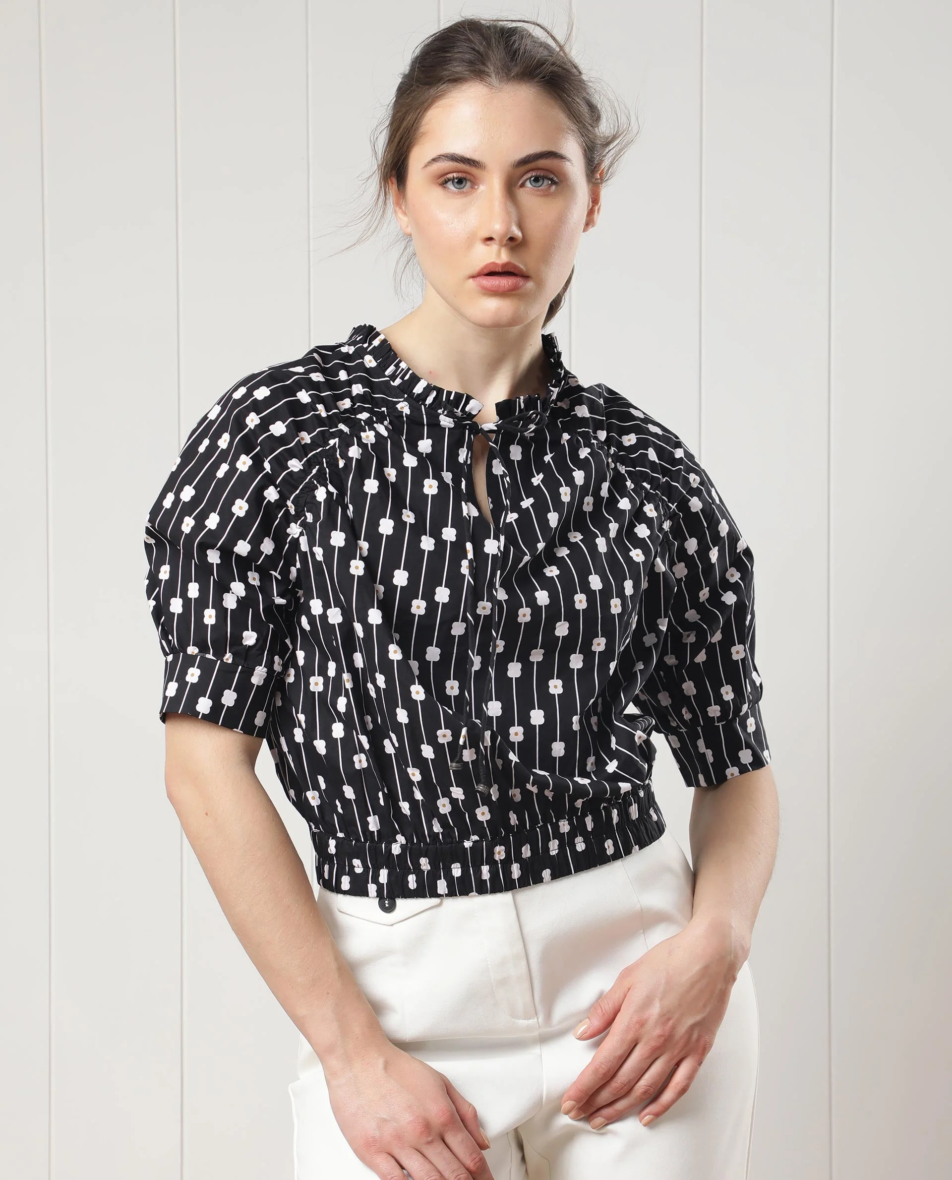 Rareism Women's Jack Black Cotton Tie-Up Neck Floral Print Volume Sleeve Relaxed Fit Top - Image 6