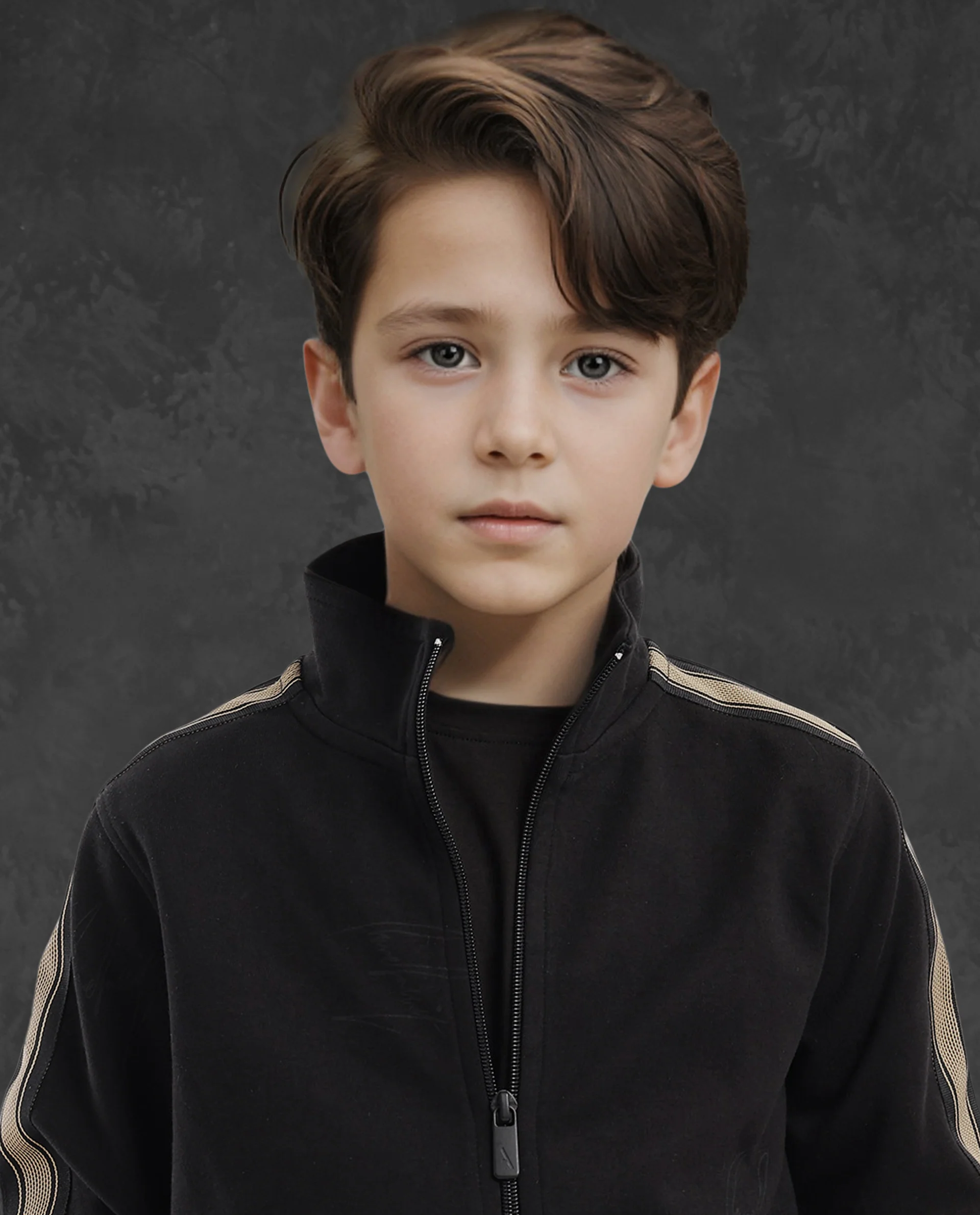 Rare Ones Kids Jacksign Black Cotton Full Sleeves High Neck Striped Sleeve Zipper Closure Solid Jacket - Image 3