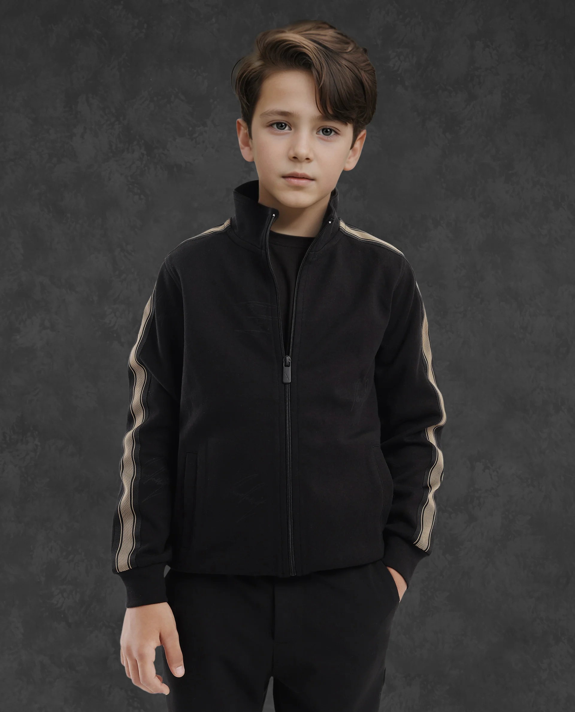 Rare Ones Kids Jacksign Black Cotton Full Sleeves High Neck Striped Sleeve Zipper Closure Solid Jacket - Image 4