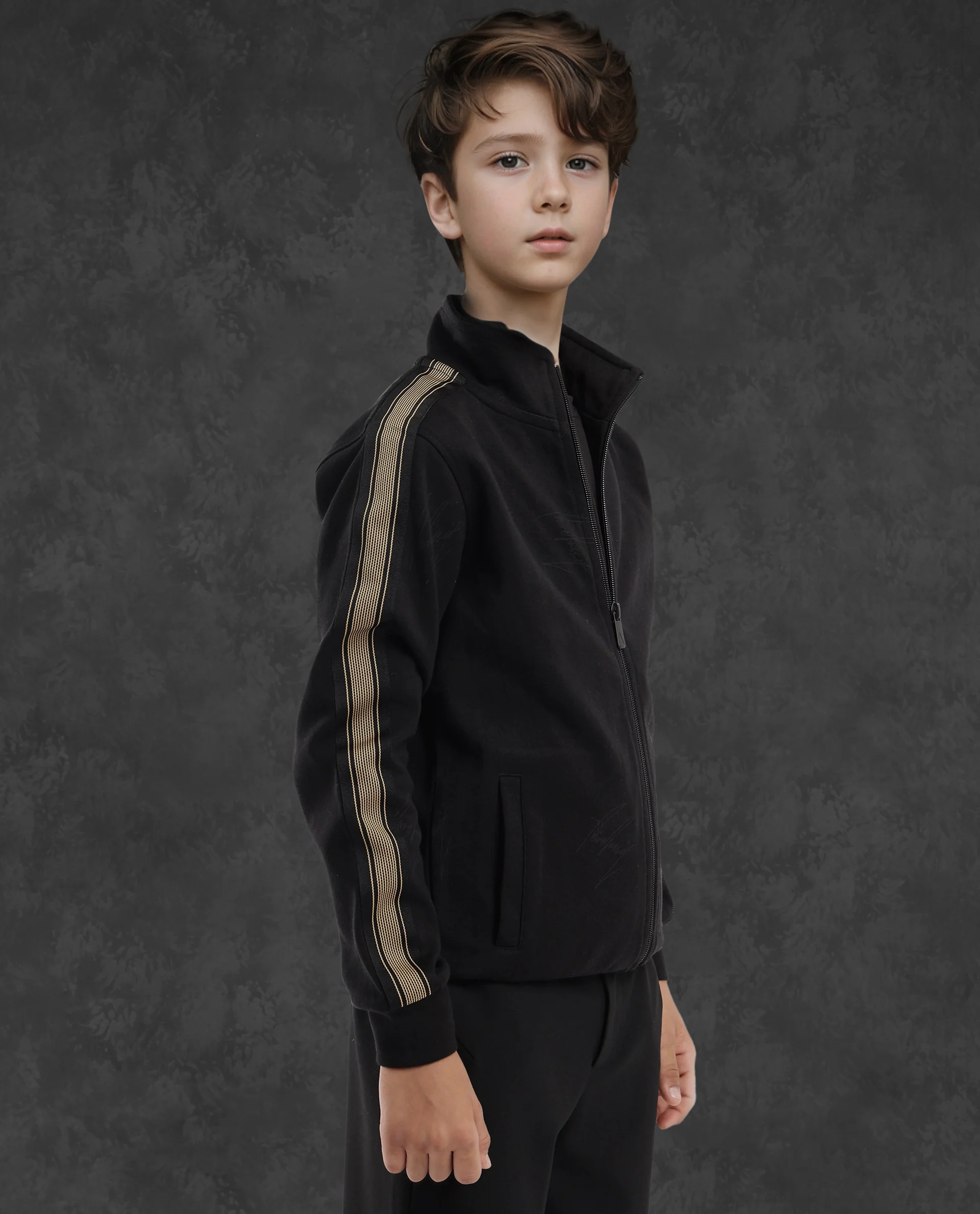 Rare Ones Kids Jacksign Black Cotton Full Sleeves High Neck Striped Sleeve Zipper Closure Solid Jacket - Image 5