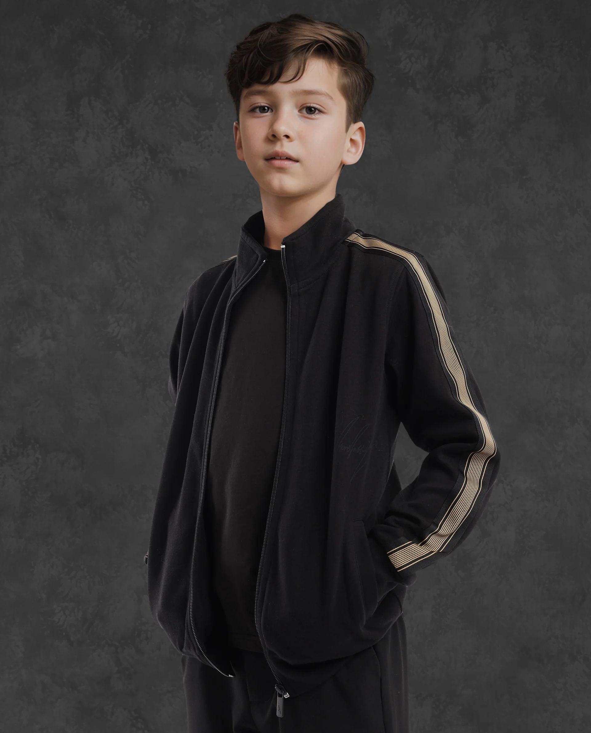 Rare Ones Kids Jacksign Black Cotton Full Sleeves High Neck Striped Sleeve Zipper Closure Solid Jacket - Image 6
