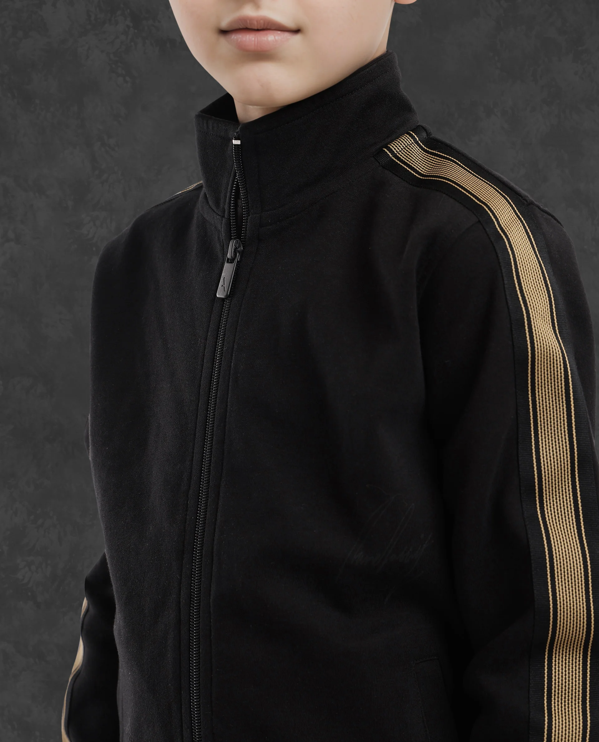 Rare Ones Kids Jacksign Black Cotton Full Sleeves High Neck Striped Sleeve Zipper Closure Solid Jacket - Image 7