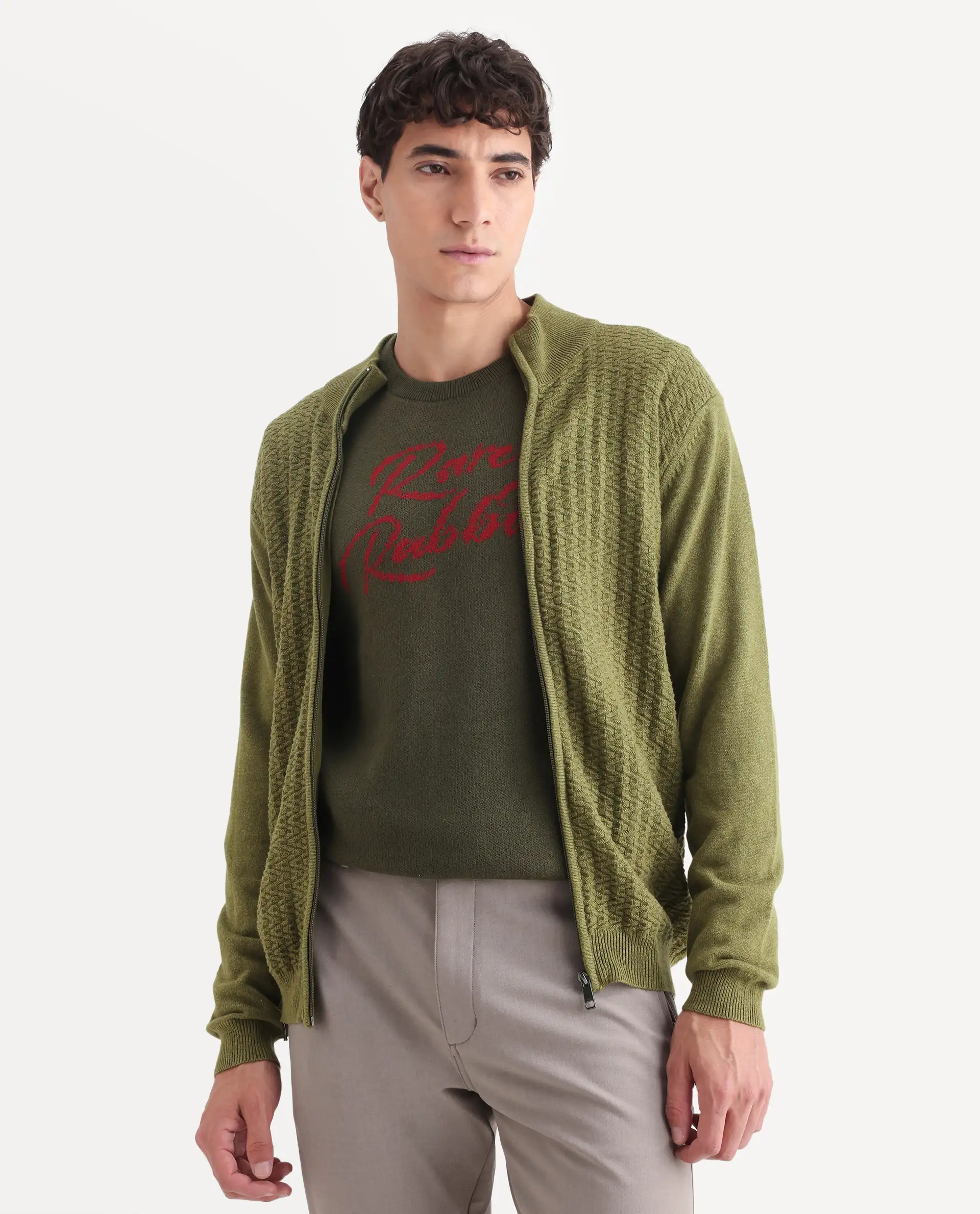 Rare Rabbit Men's Jacky Green Cotton Jacquard Regular Fit Full Sleeve High Neck Sweater - Image 3