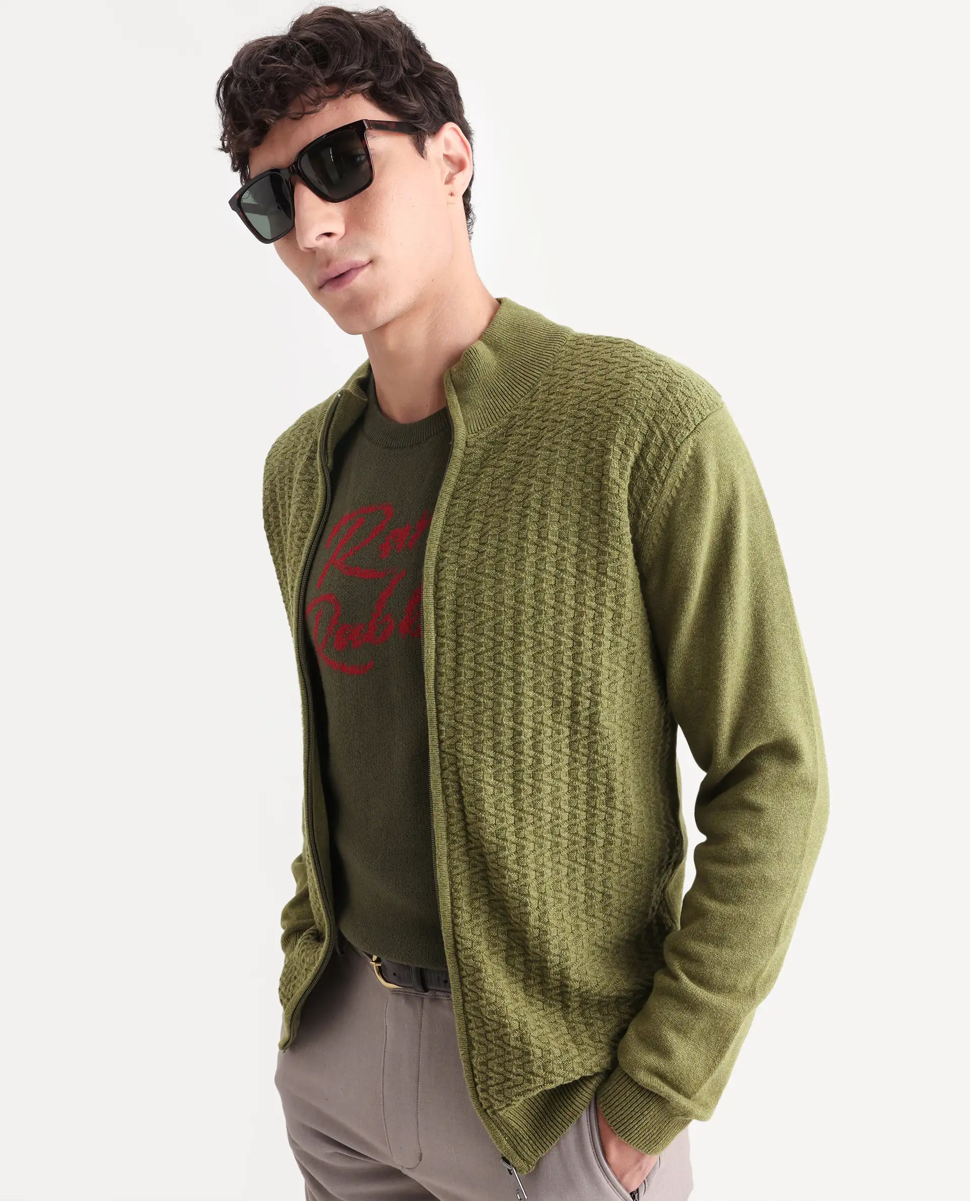 Rare Rabbit Men's Jacky Green Cotton Jacquard Regular Fit Full Sleeve High Neck Sweater - Image 4