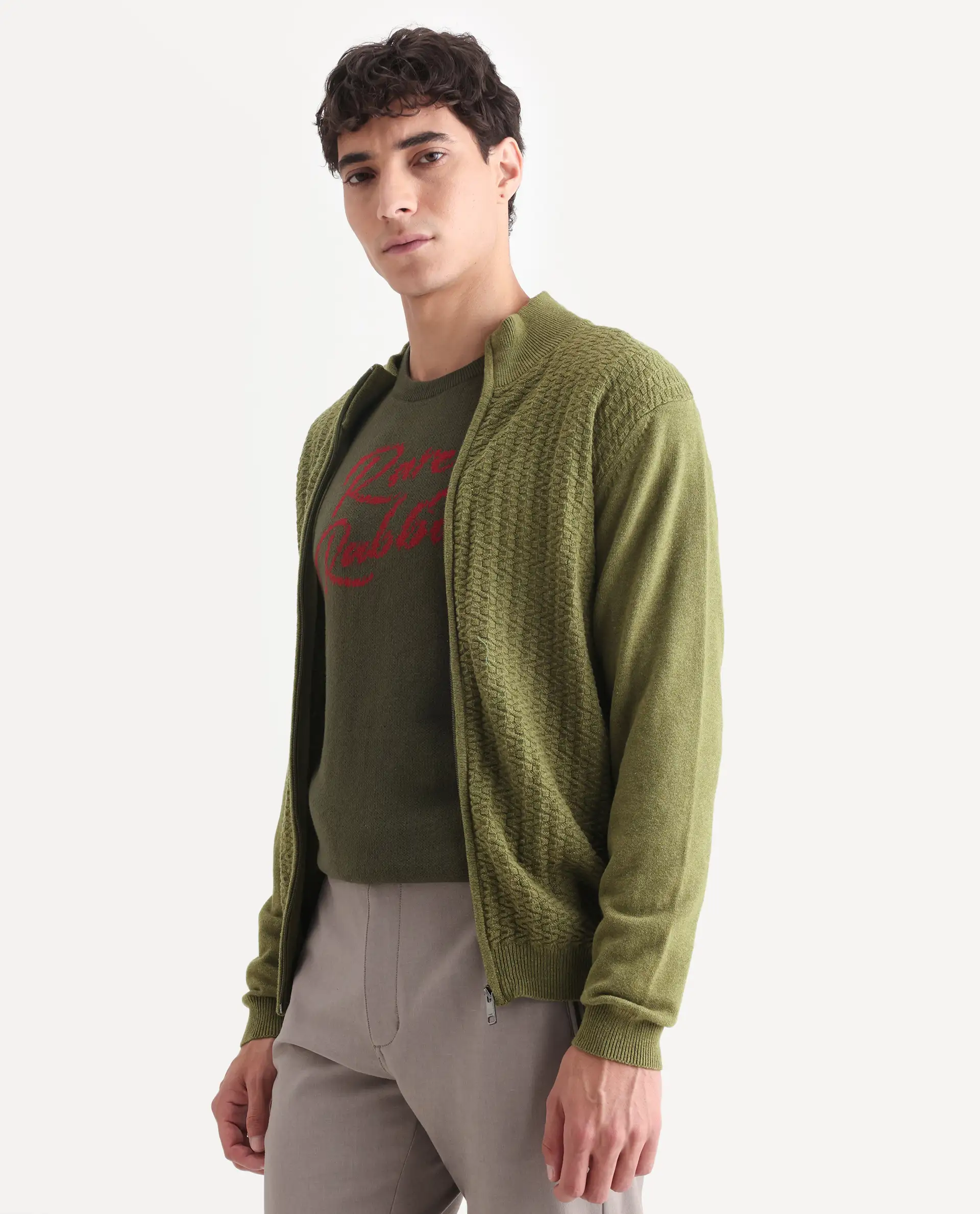 Rare Rabbit Men's Jacky Green Cotton Jacquard Regular Fit Full Sleeve High Neck Sweater - Image 5