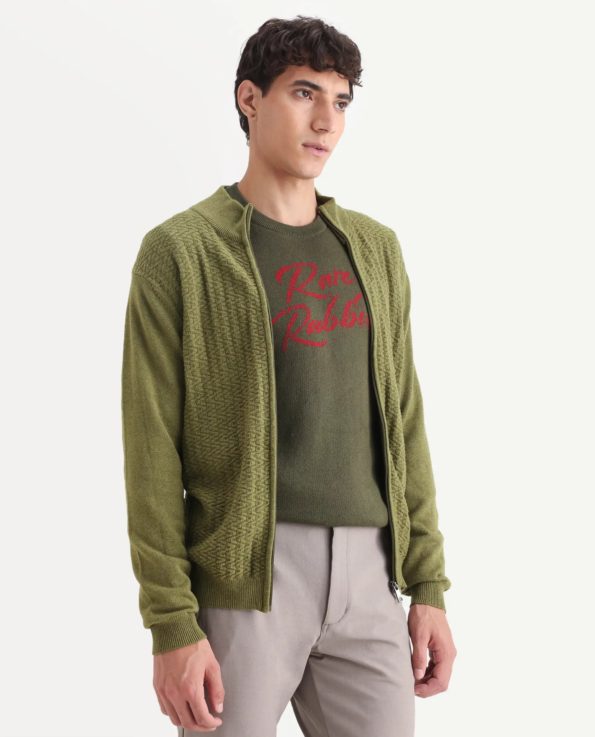 Rare Rabbit Men's Jacky Green Cotton Jacquard Regular Fit Full Sleeve High Neck Sweater - Image 6