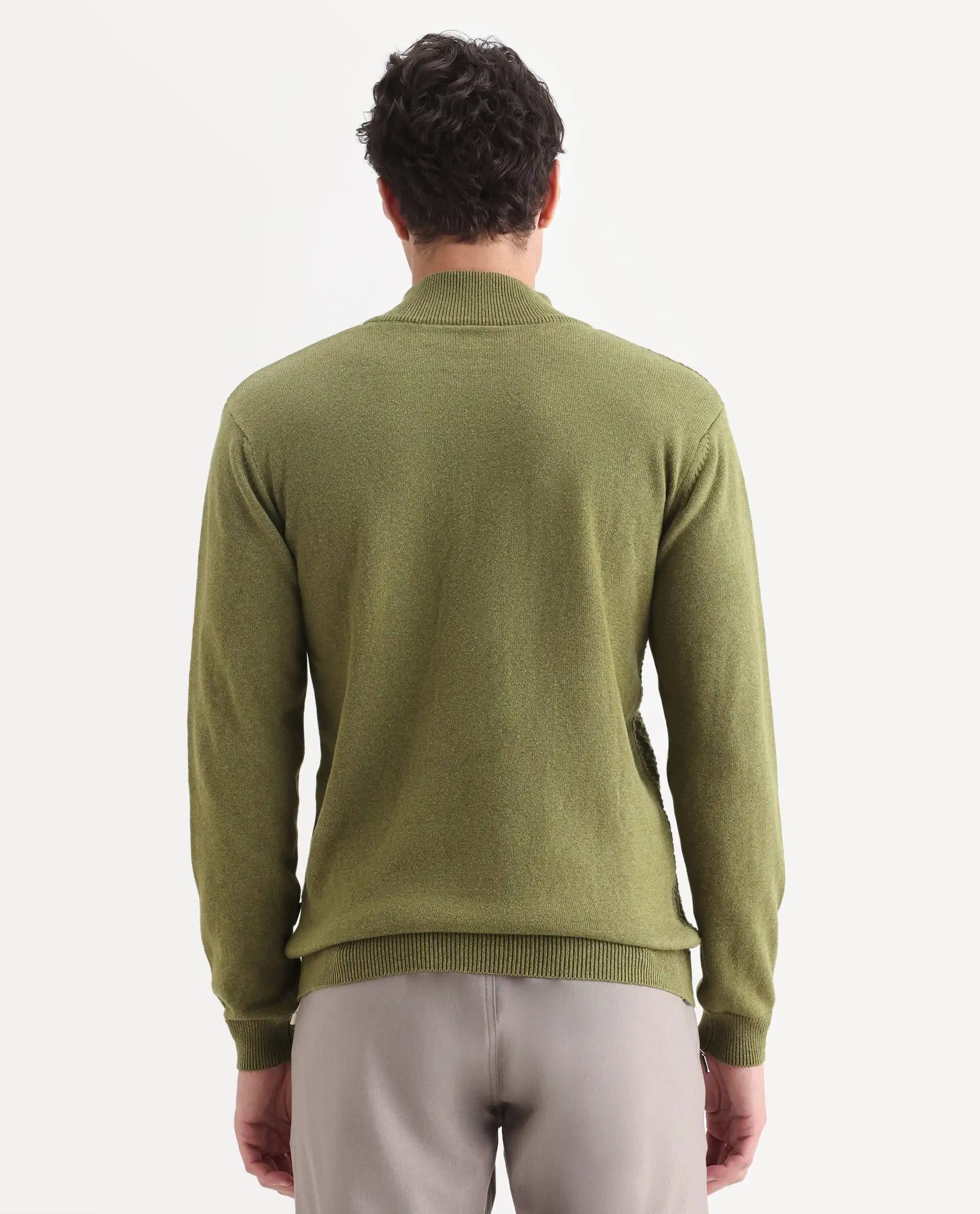 Rare Rabbit Men's Jacky Green Cotton Jacquard Regular Fit Full Sleeve High Neck Sweater - Image 7