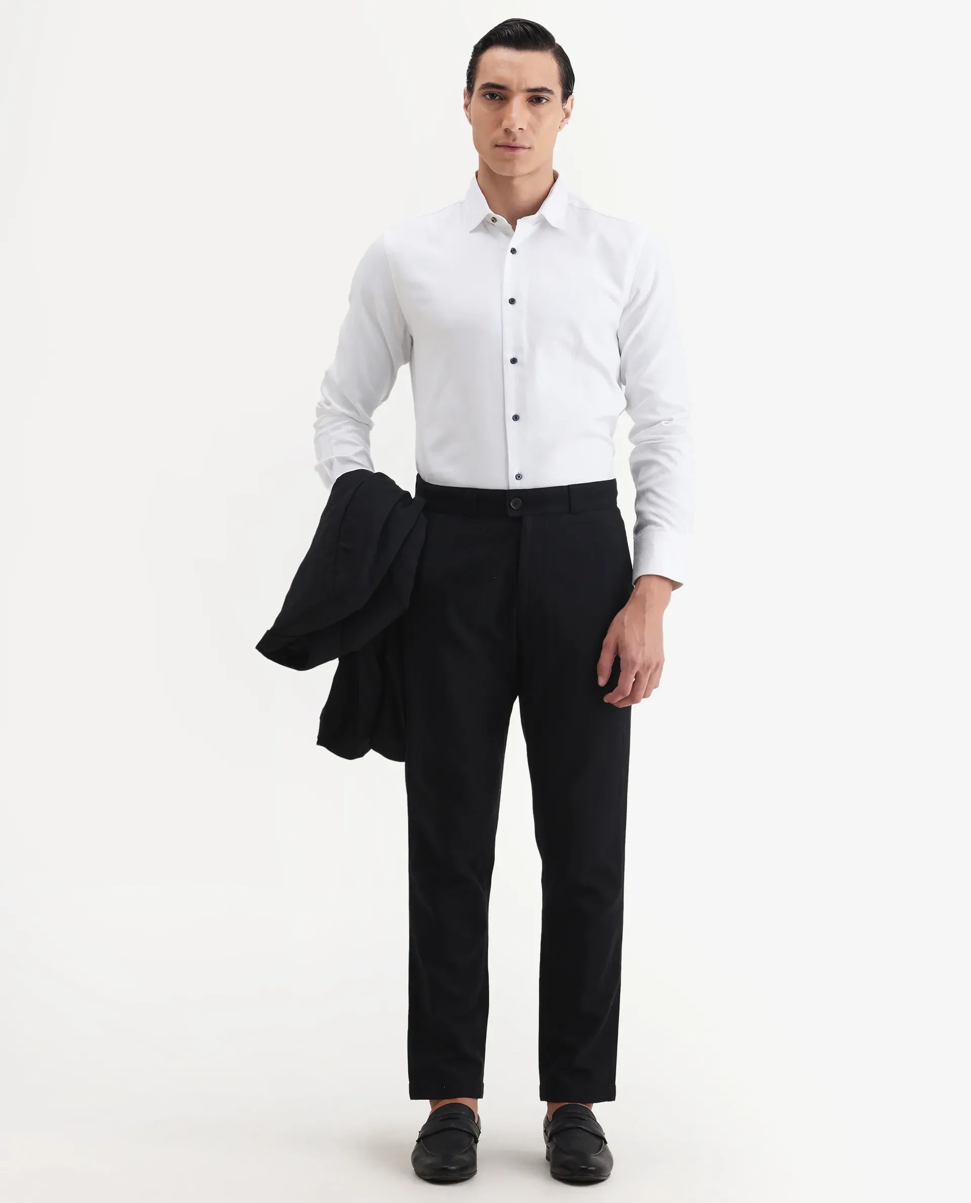 Rare Rabbit Men Jacky Black Cotton Fabric Button And Zip Closure Closure Regular Fit Jacquard Trouser