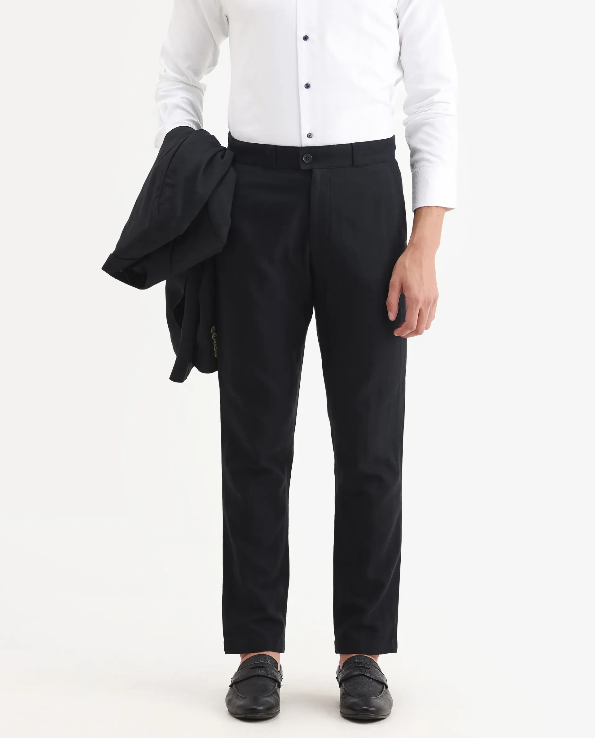 Rare Rabbit Men Jacky Black Cotton Fabric Button And Zip Closure Closure Regular Fit Jacquard Trouser - Image 2