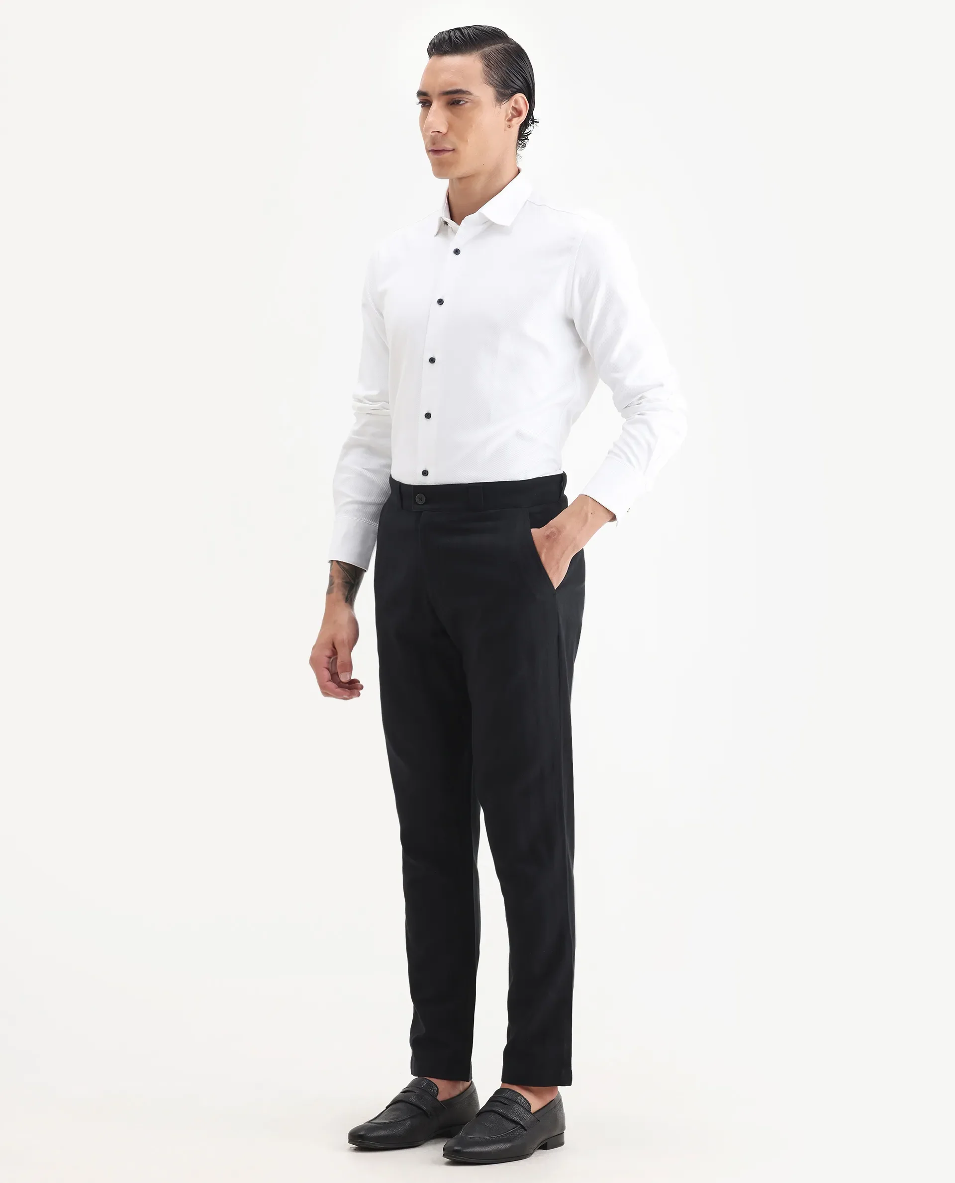 Rare Rabbit Men Jacky Black Cotton Fabric Button And Zip Closure Closure Regular Fit Jacquard Trouser - Image 5